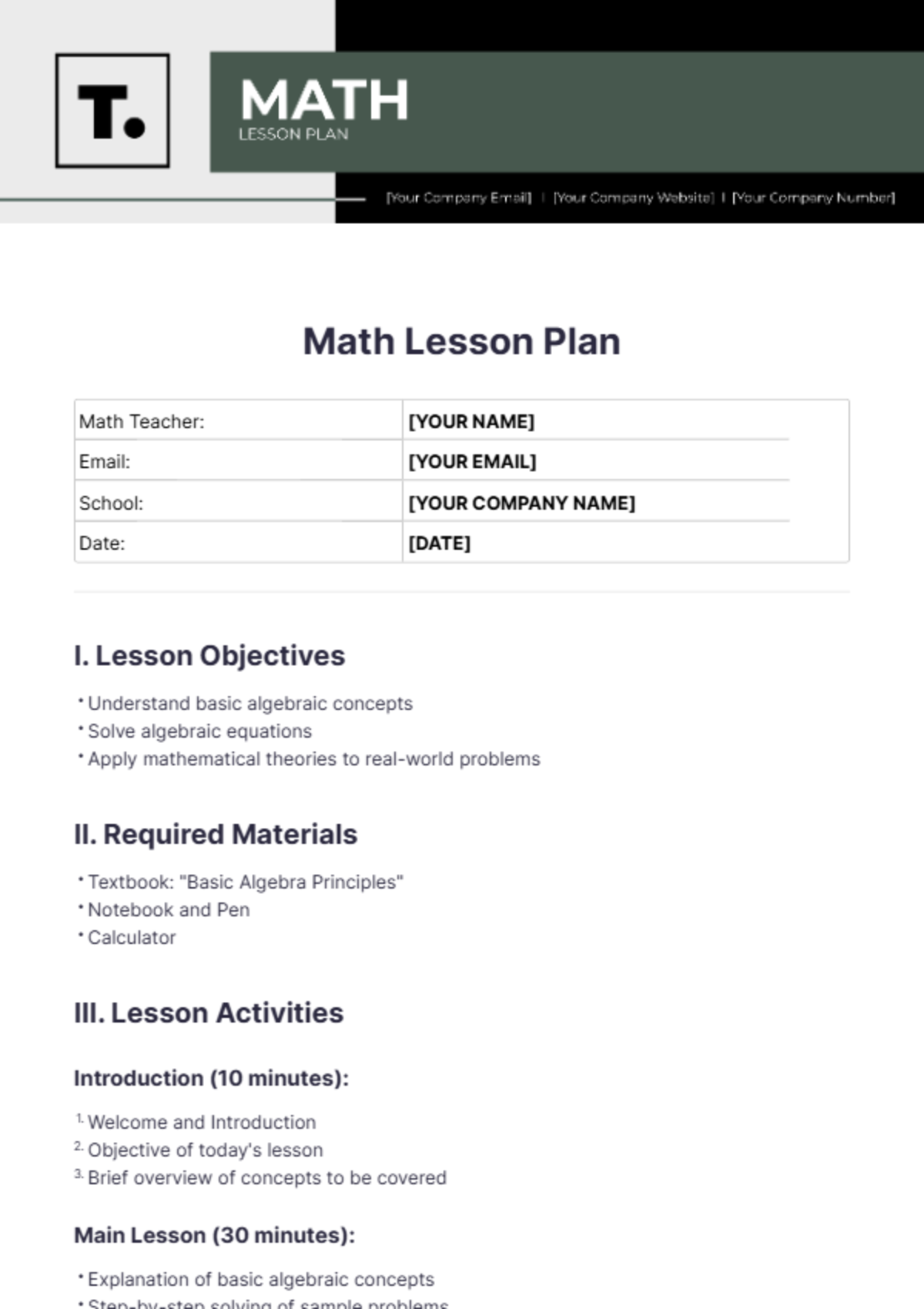 Free Math Lesson Plan Template