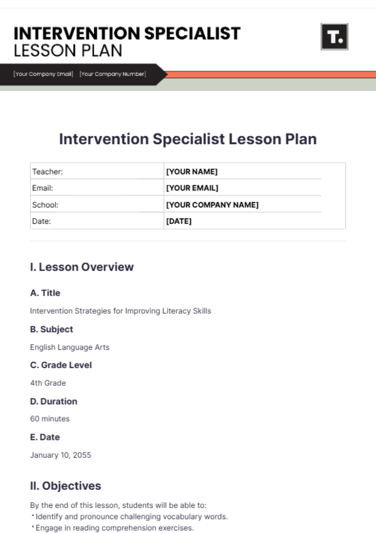 Free Intervention Specialist Lesson Plan Template