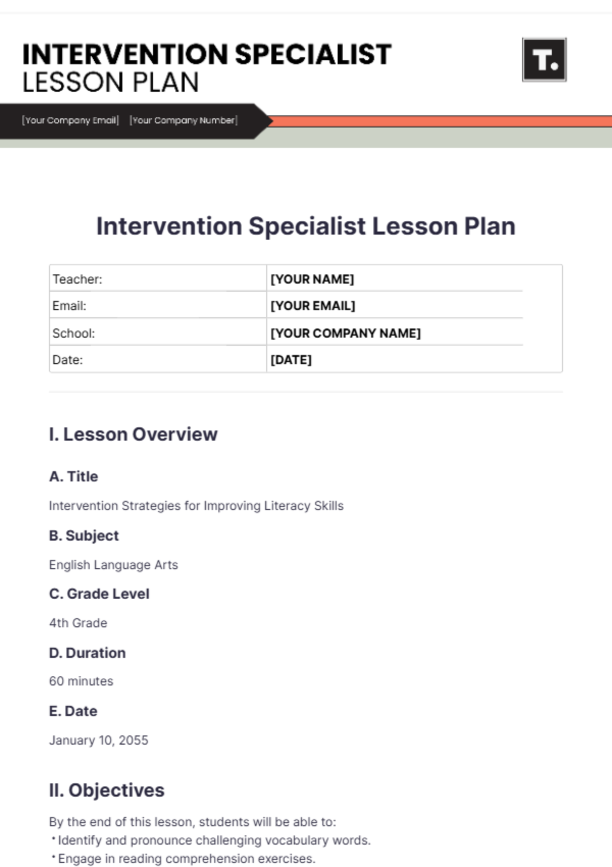 Intervention Specialist Lesson Plan Template - Edit Online & Download