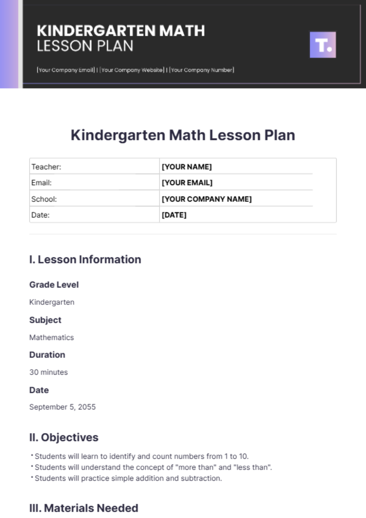 Free Kindergarten Math Lesson Plan Template