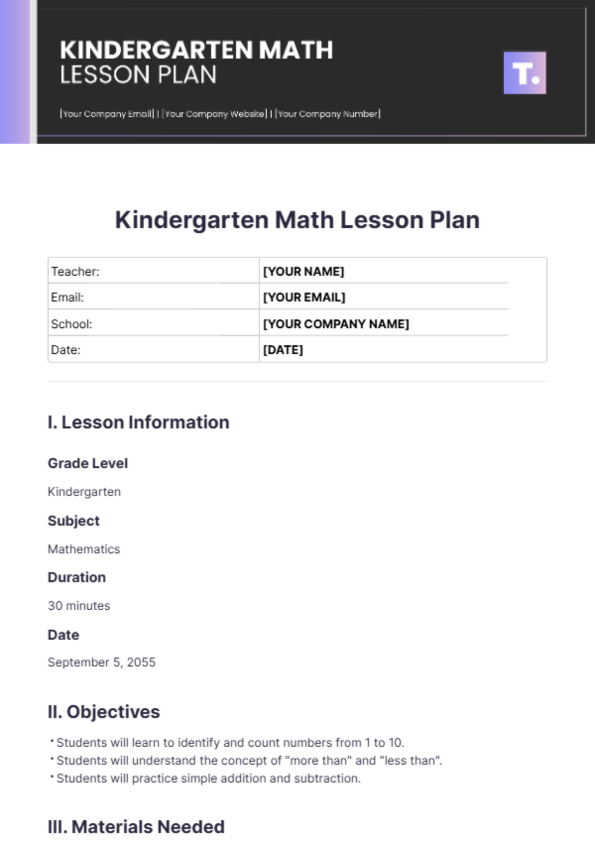 Kindergarten Math Lesson Plan Template - Edit Online & Download