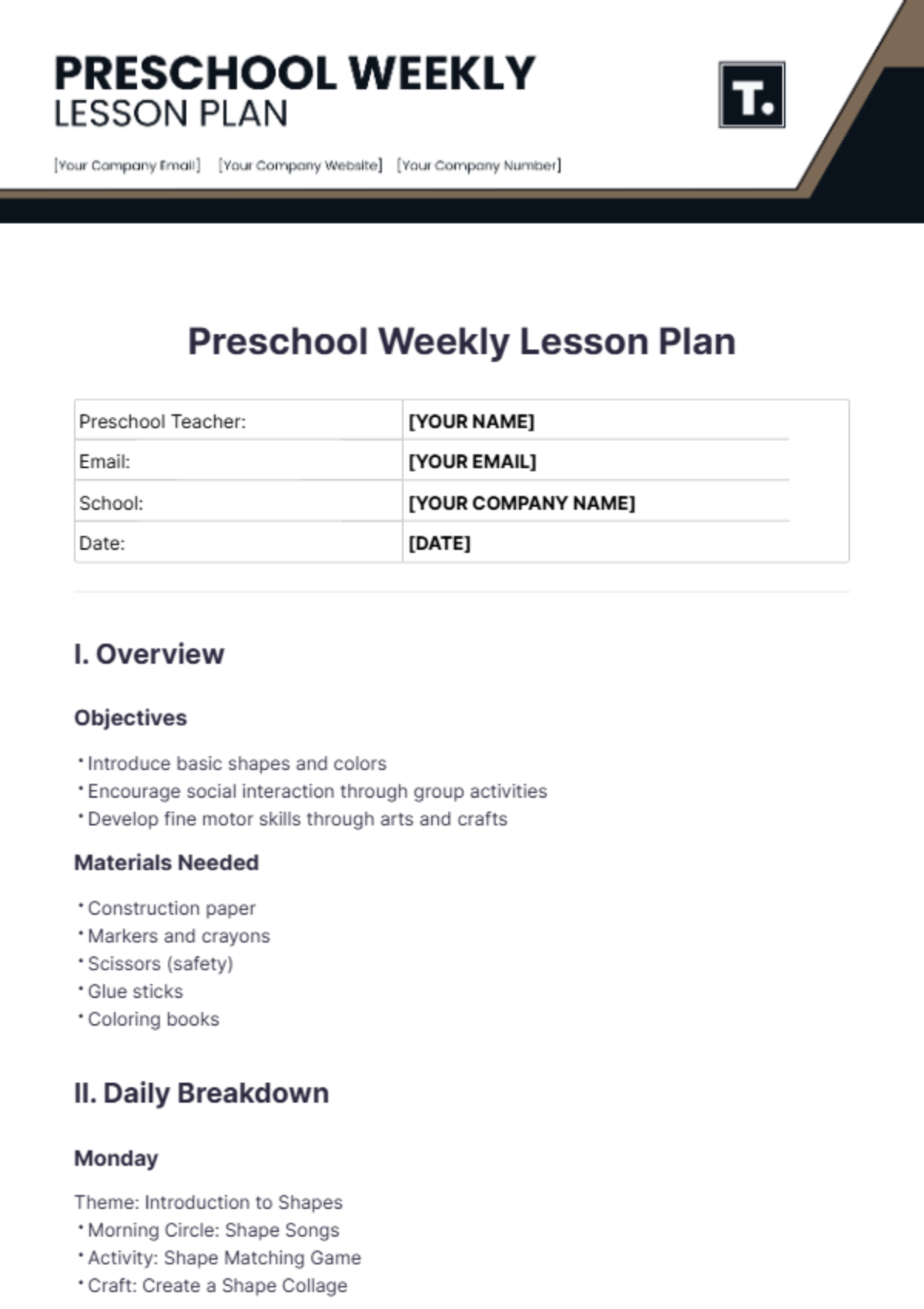 Free Preschool Weekly Lesson Plan Template