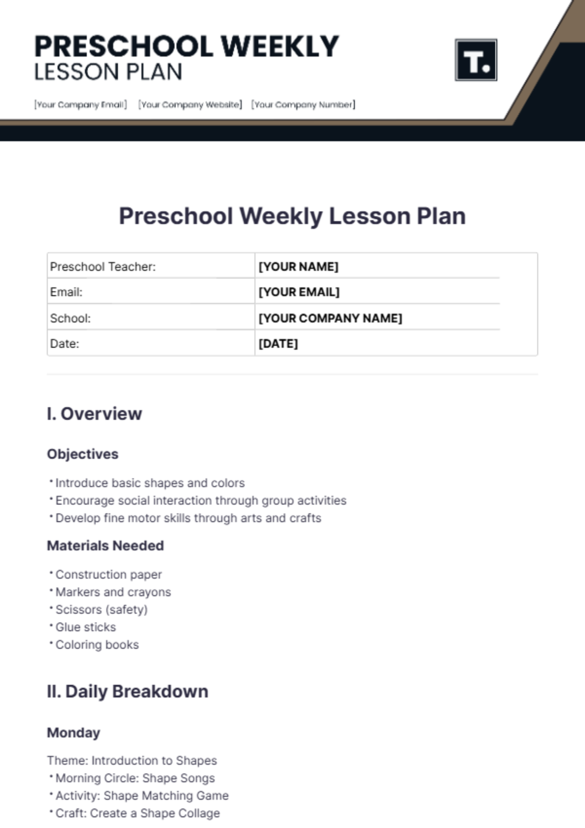 Preschool Weekly Lesson Plan Template - Edit Online & Download