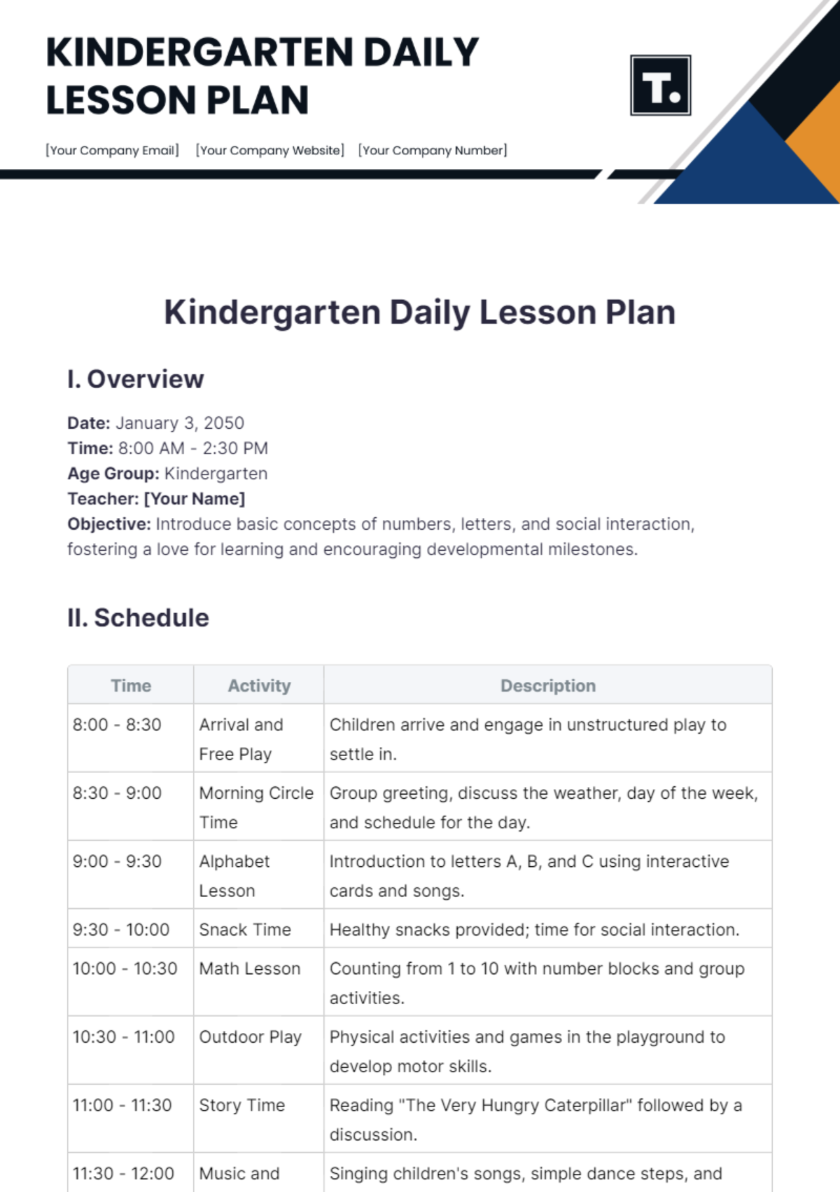 Free Kindergarten Daily Lesson Plan Template