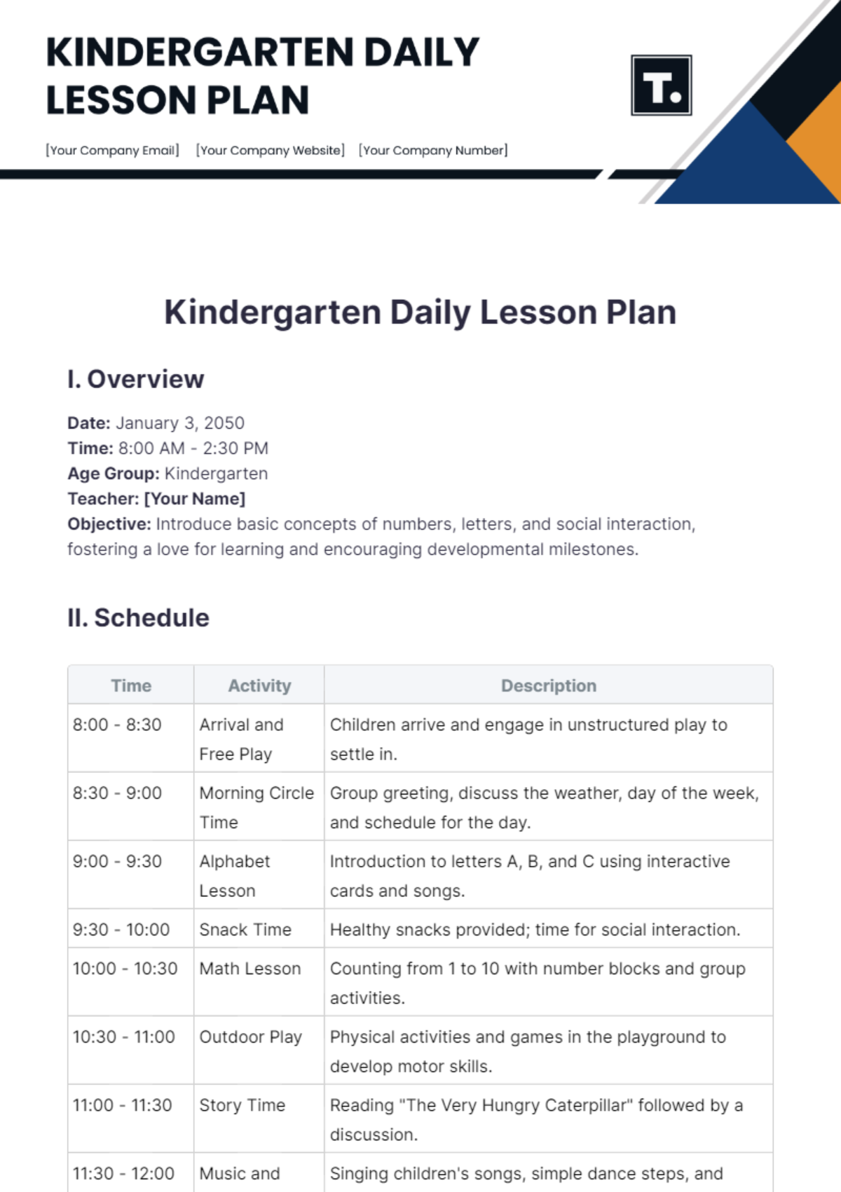 Kindergarten Daily Lesson Plan Template - Edit Online & Download