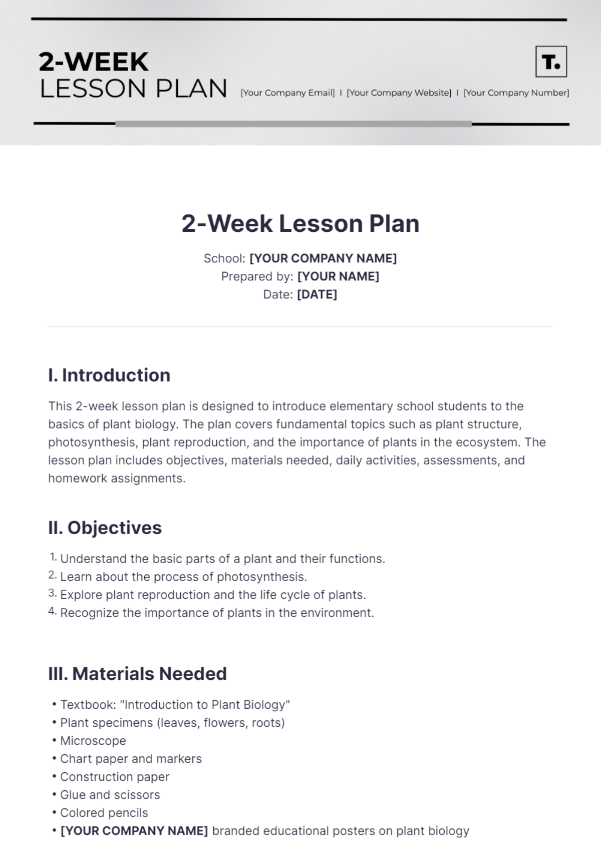 Free 2-Week Lesson Plan Template