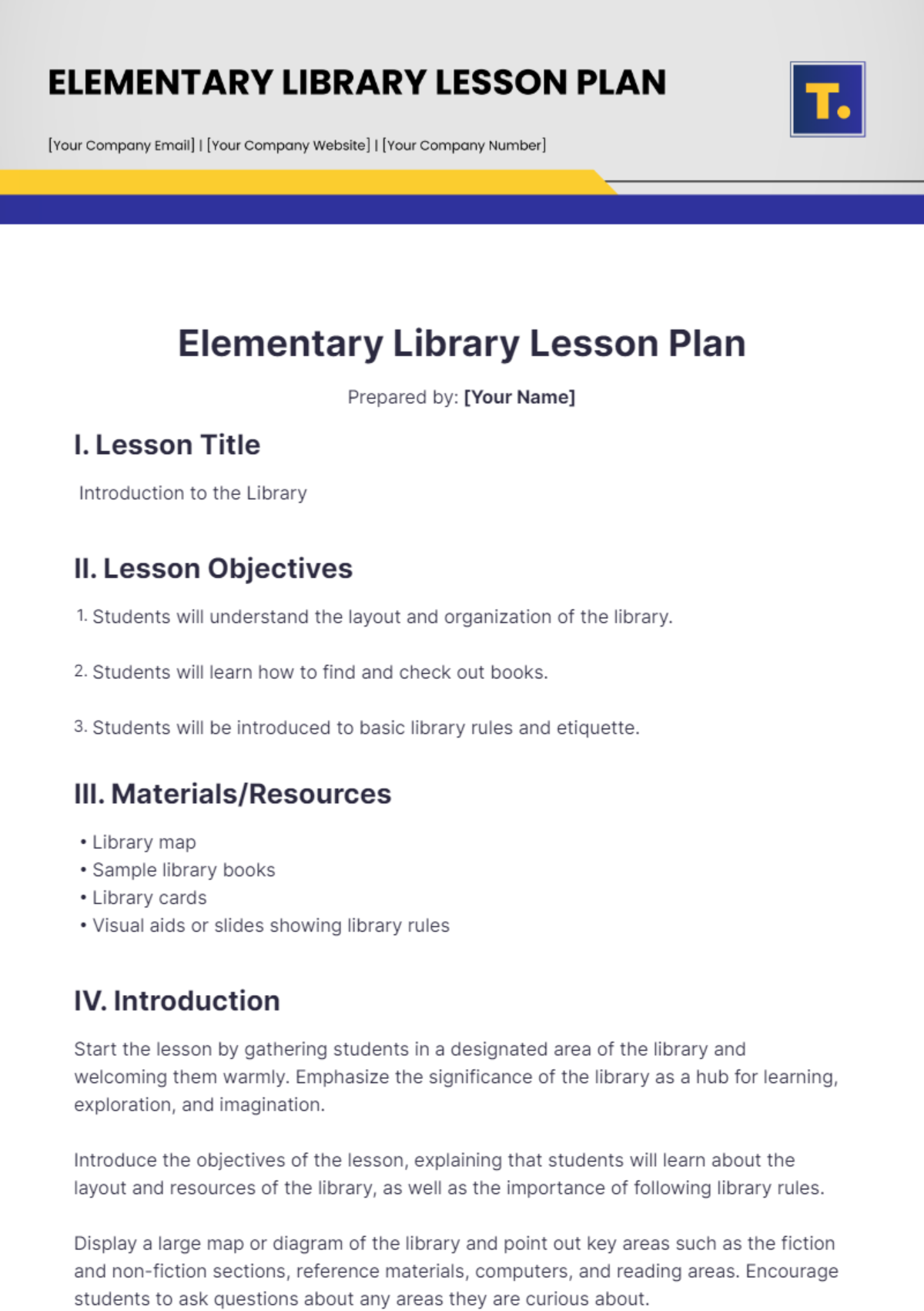 Free Elementary Library Lesson Plan Template