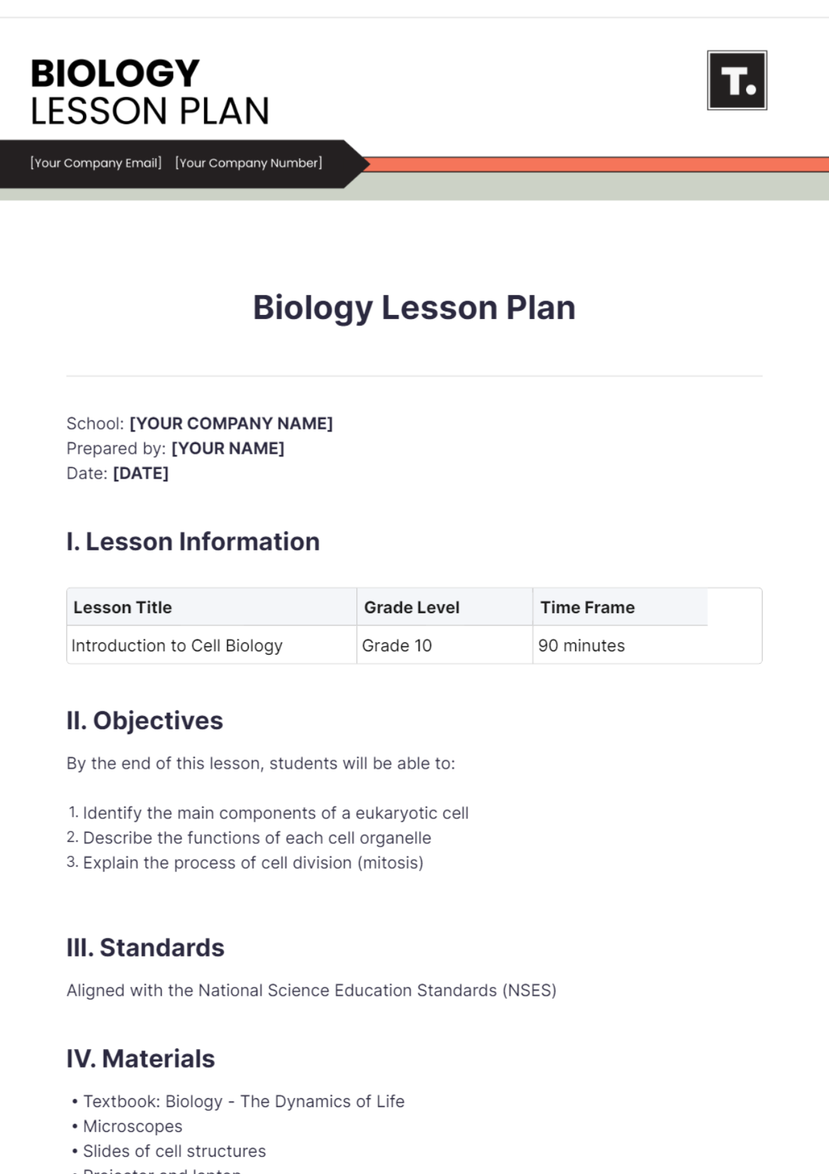 Free Biology Lesson Plan Template