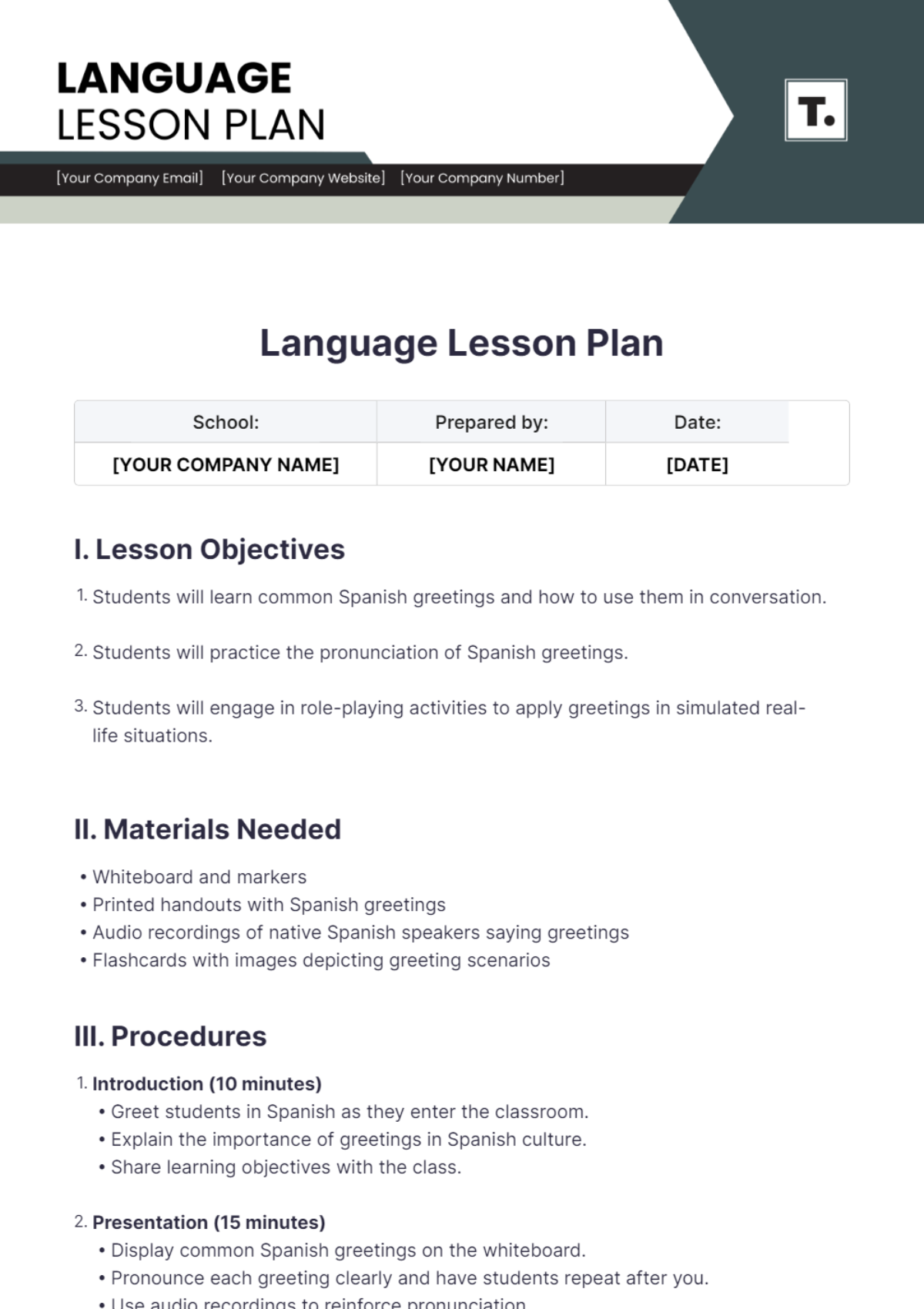 Free Language Lesson Plan Template