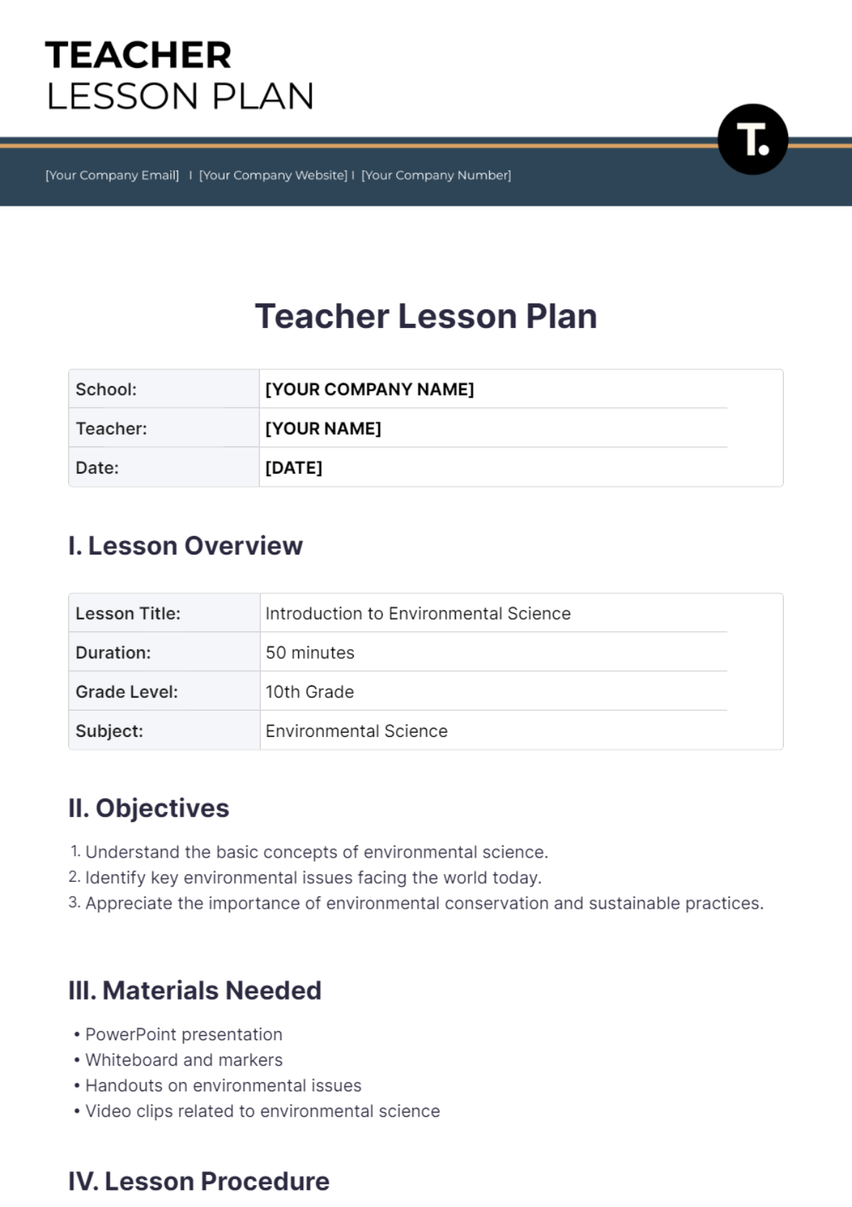Free Teacher Lesson Plan Template