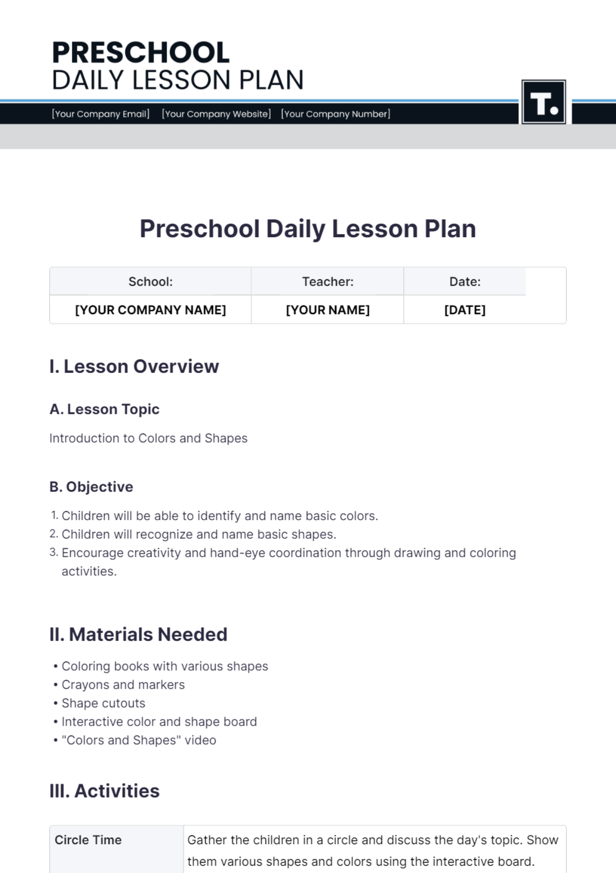 Free Preschool Daily Lesson Plan Template