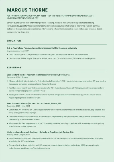 Free College Student Teacher Assistant ATS Resume Template