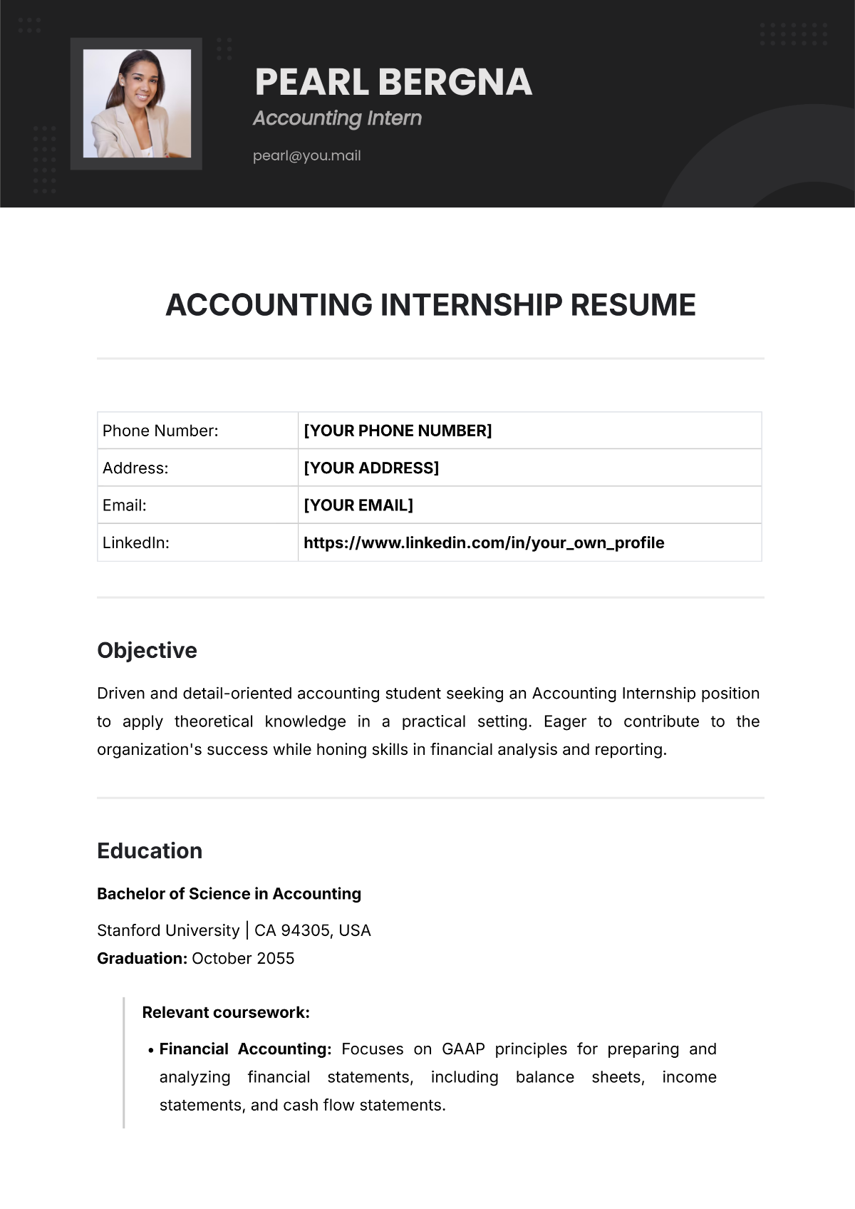 Accounting Internship Resume Template - Edit Online & Download