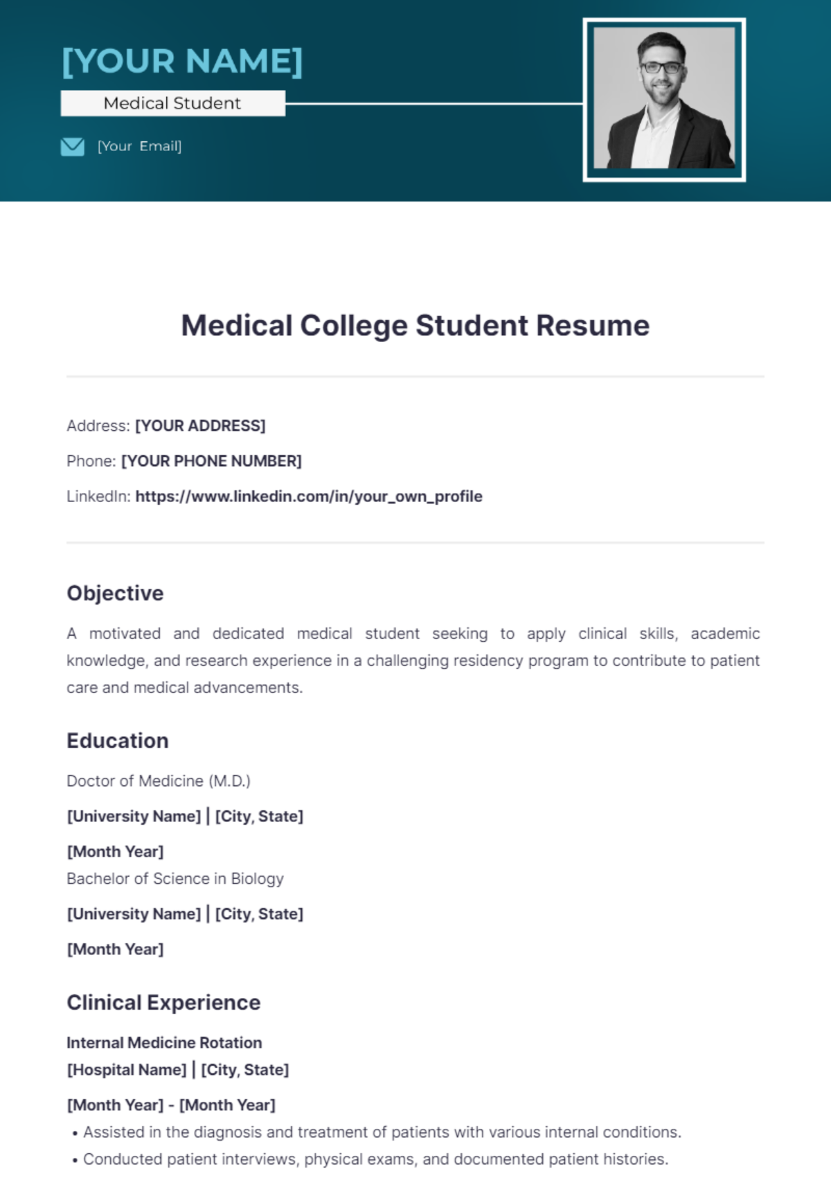 Medical College Student Resume - Edit Online & Download