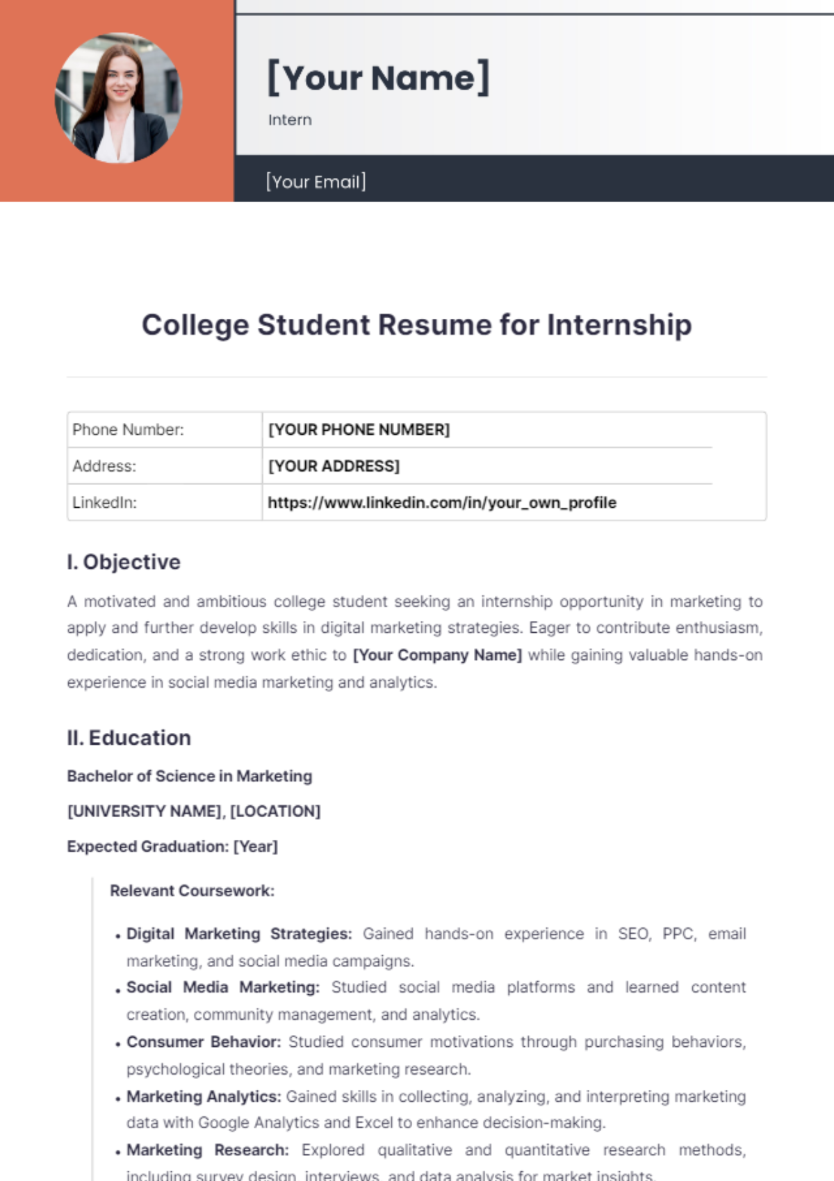 College Student Resume For Internship - Edit Online & Download