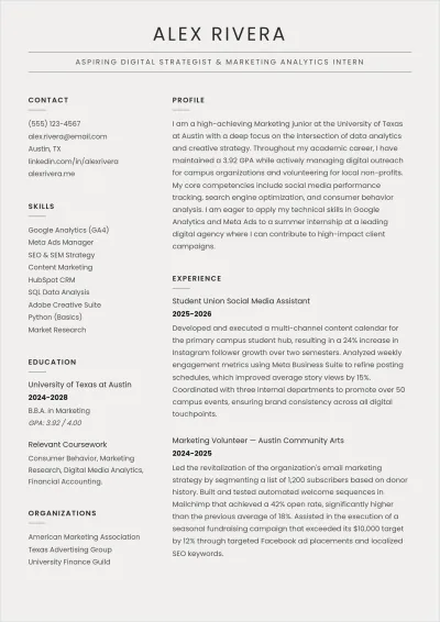 Free College Student ATS Resume For Internship Template