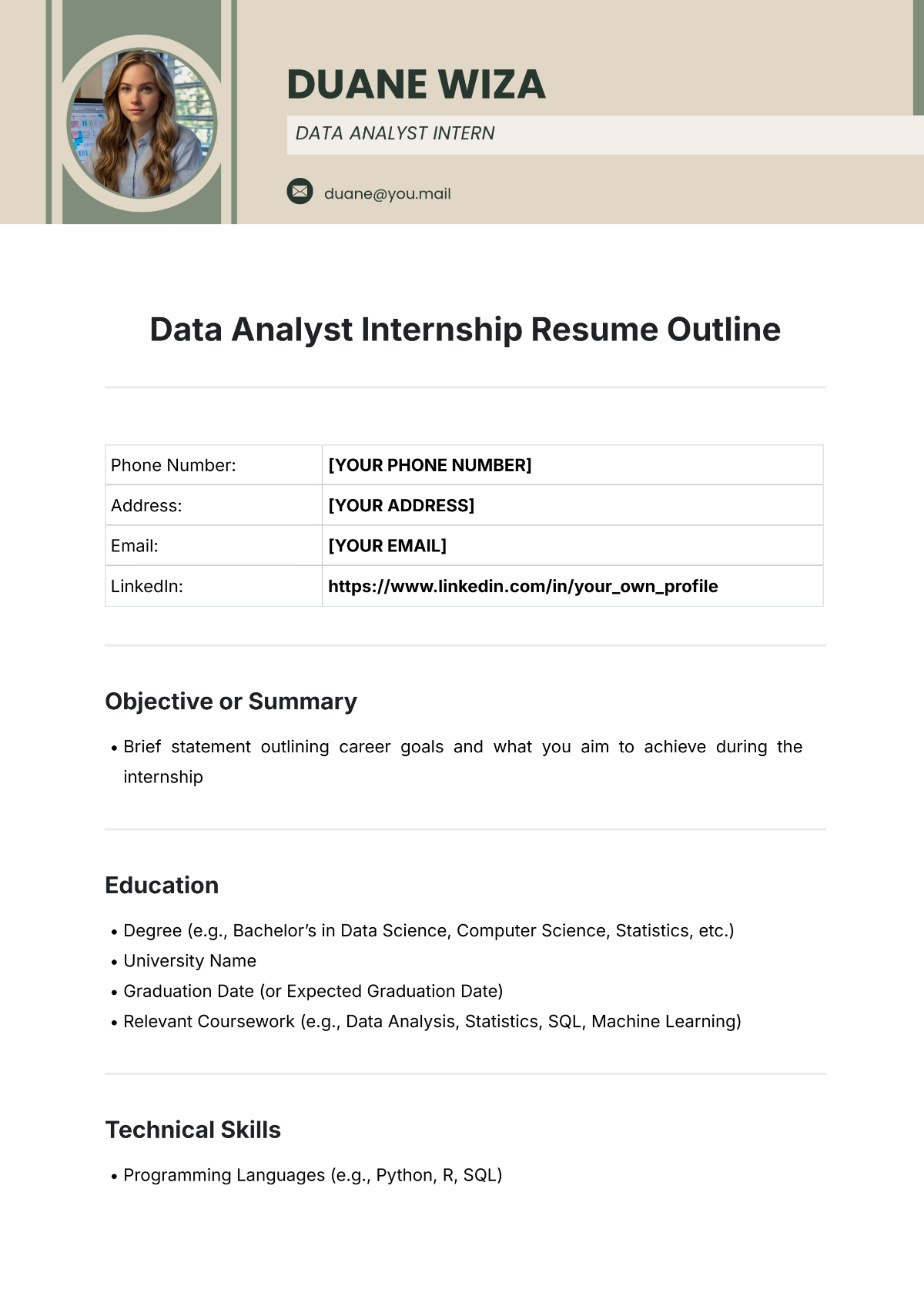 Data Analyst Internship Resume Outline Template - Edit Online & Download