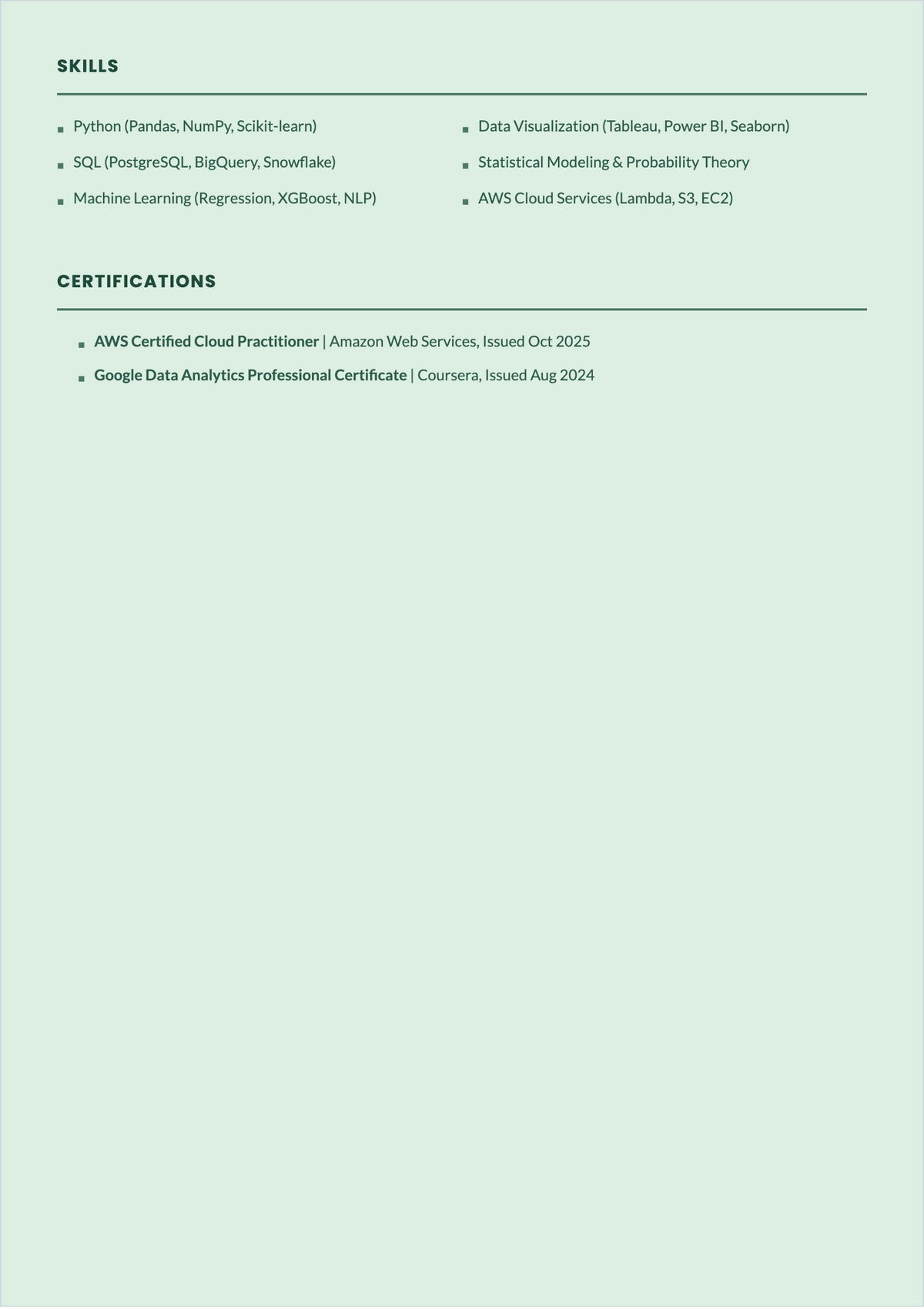 Free Data Science Internship ATS Resume Template, AI Resume Builder