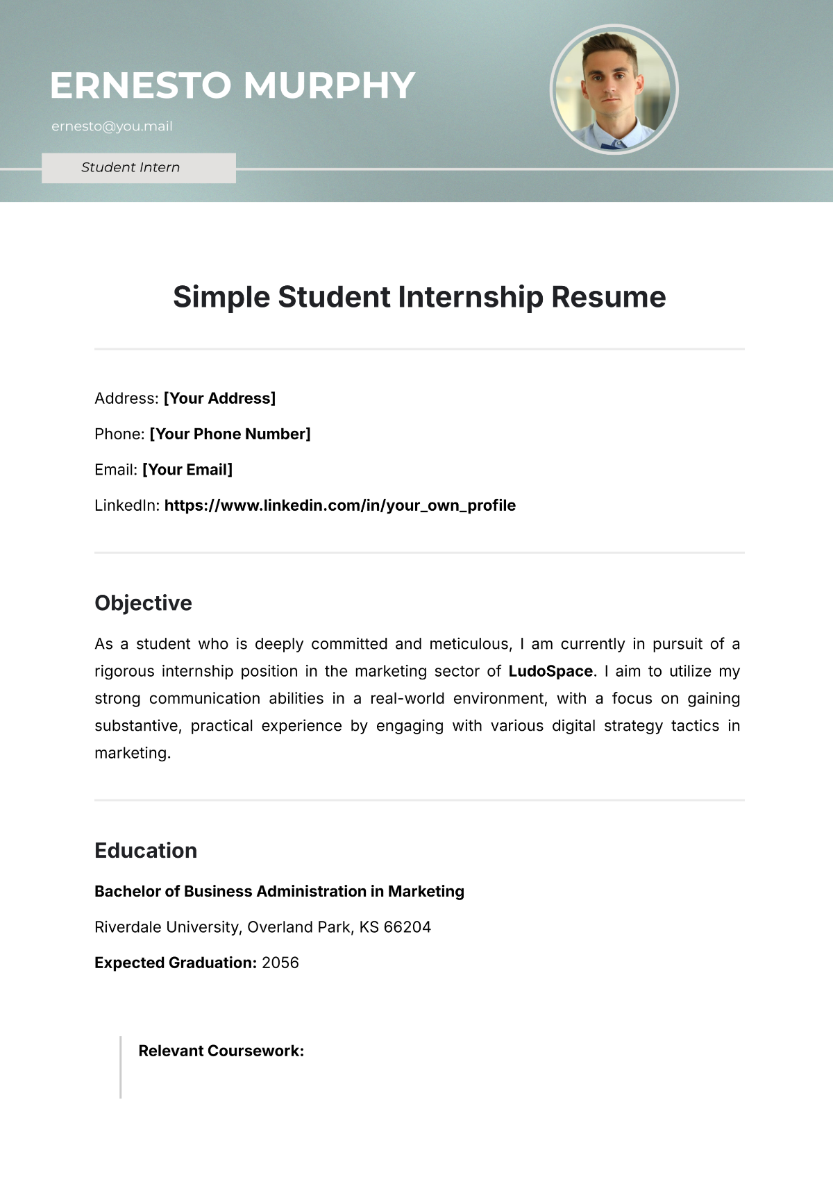 Simple Student Internship Resume Template - Edit Online & Download