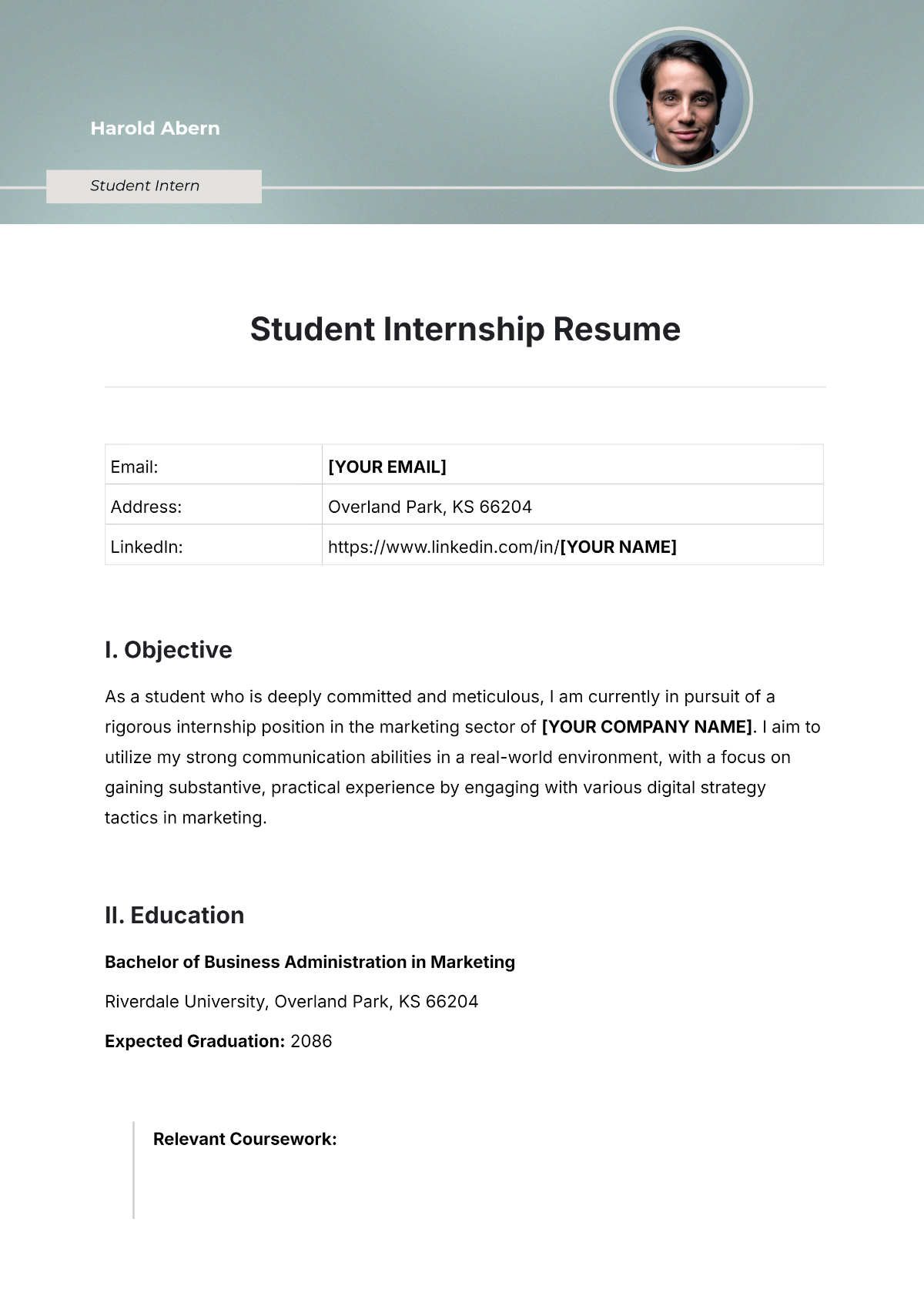 Student Internship Resume Template - Edit Online & Download