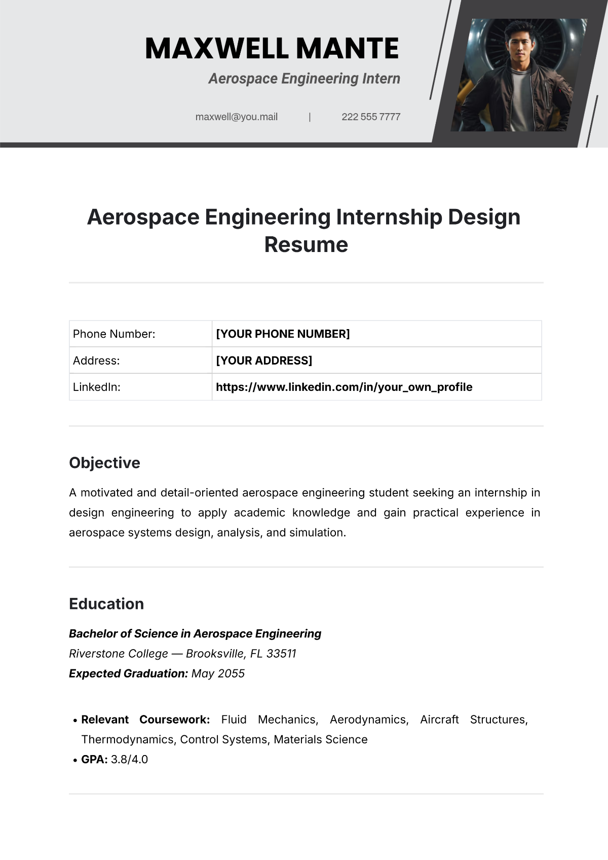 Aerospace Engineering Internship Design Resume Template - Edit Online & Download