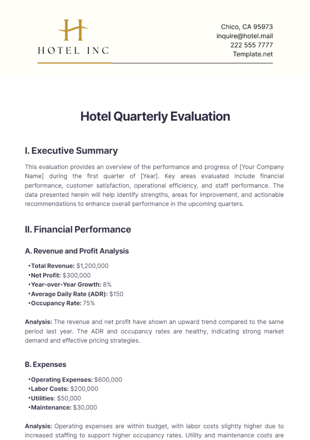 Hotel Quarterly Evaluation Template - Edit Online & Download