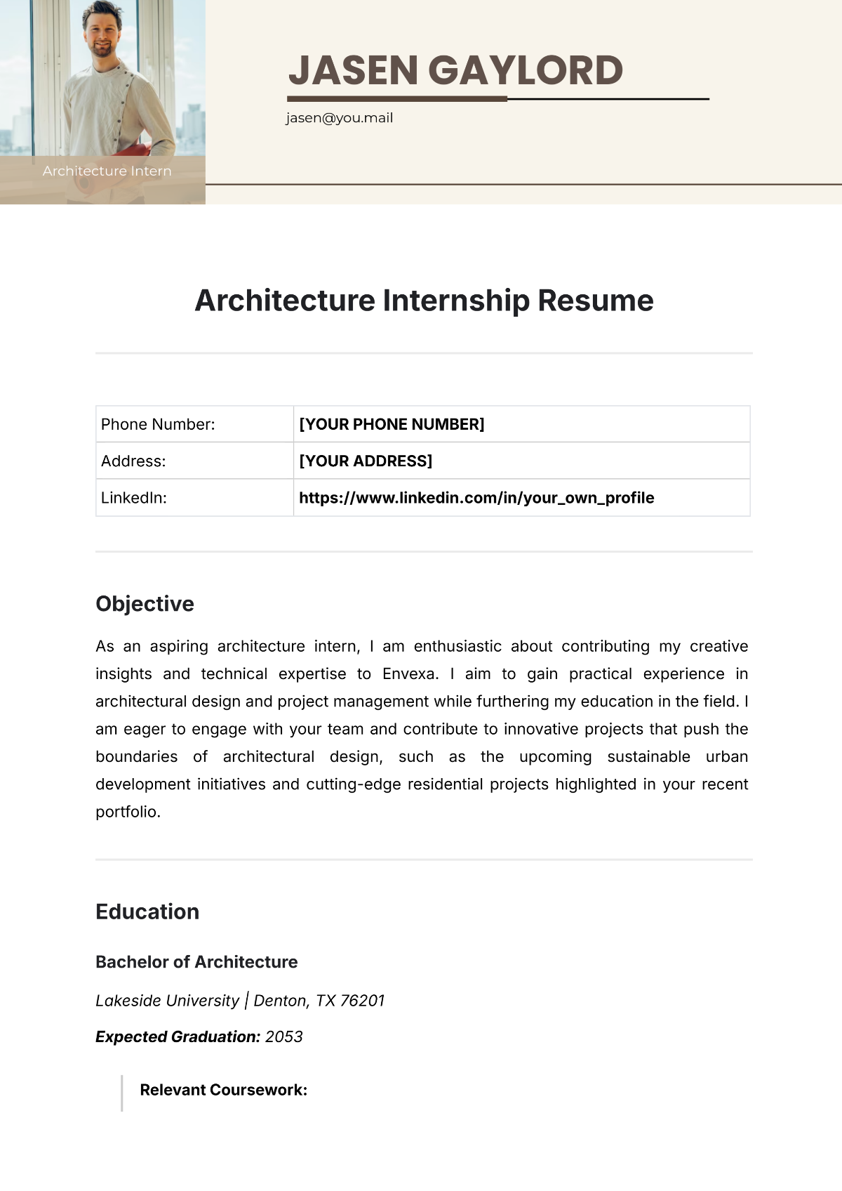 Architecture Internship Resume Template - Edit Online & Download