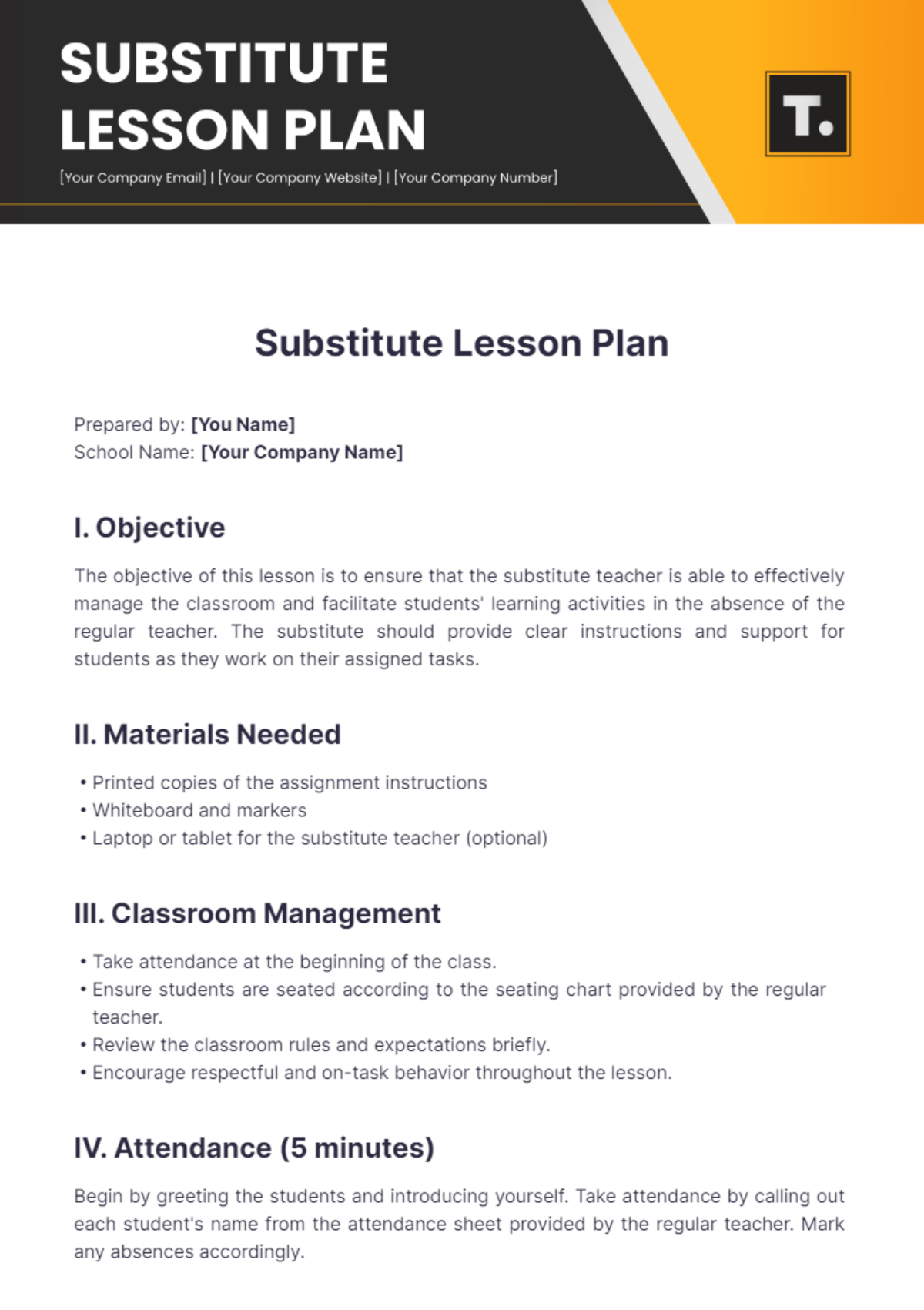 Free Substitute Lesson Plan Template