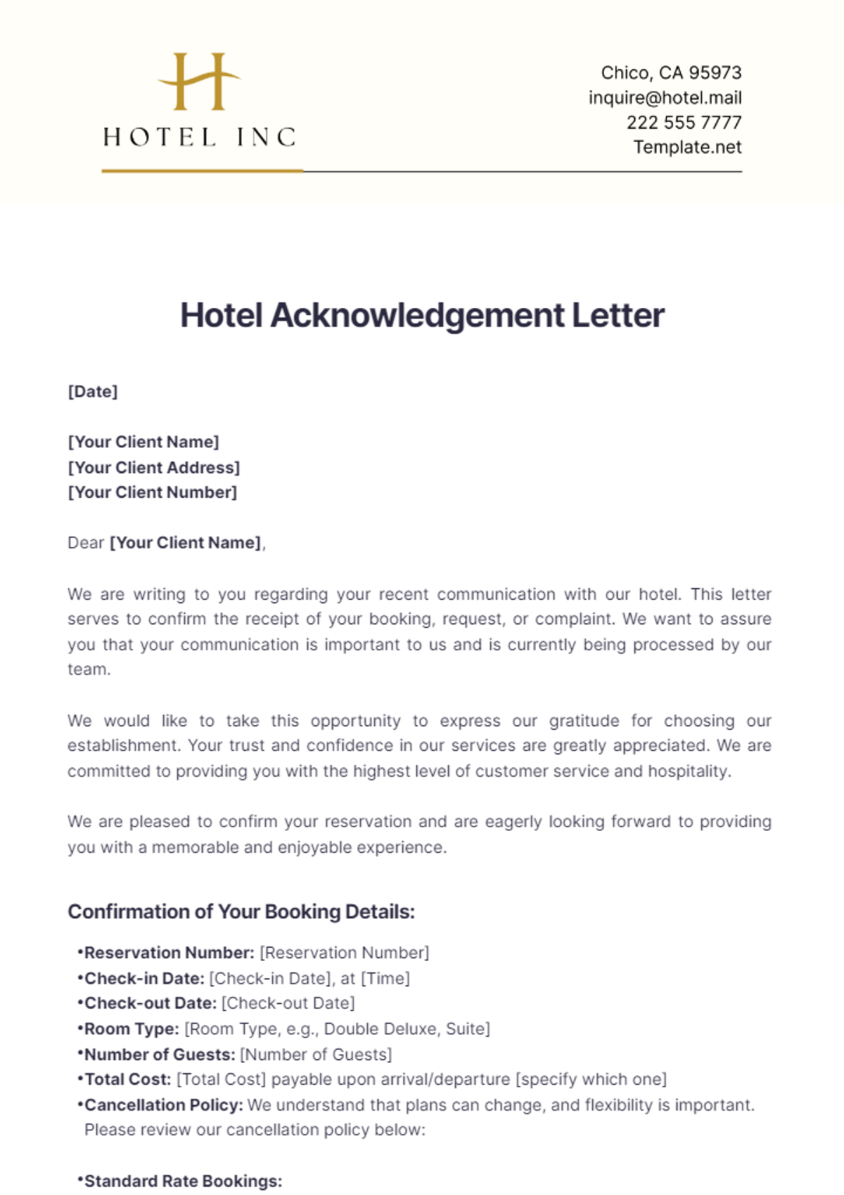 Hotel Acknowledgement Letter Template - Edit Online & Download