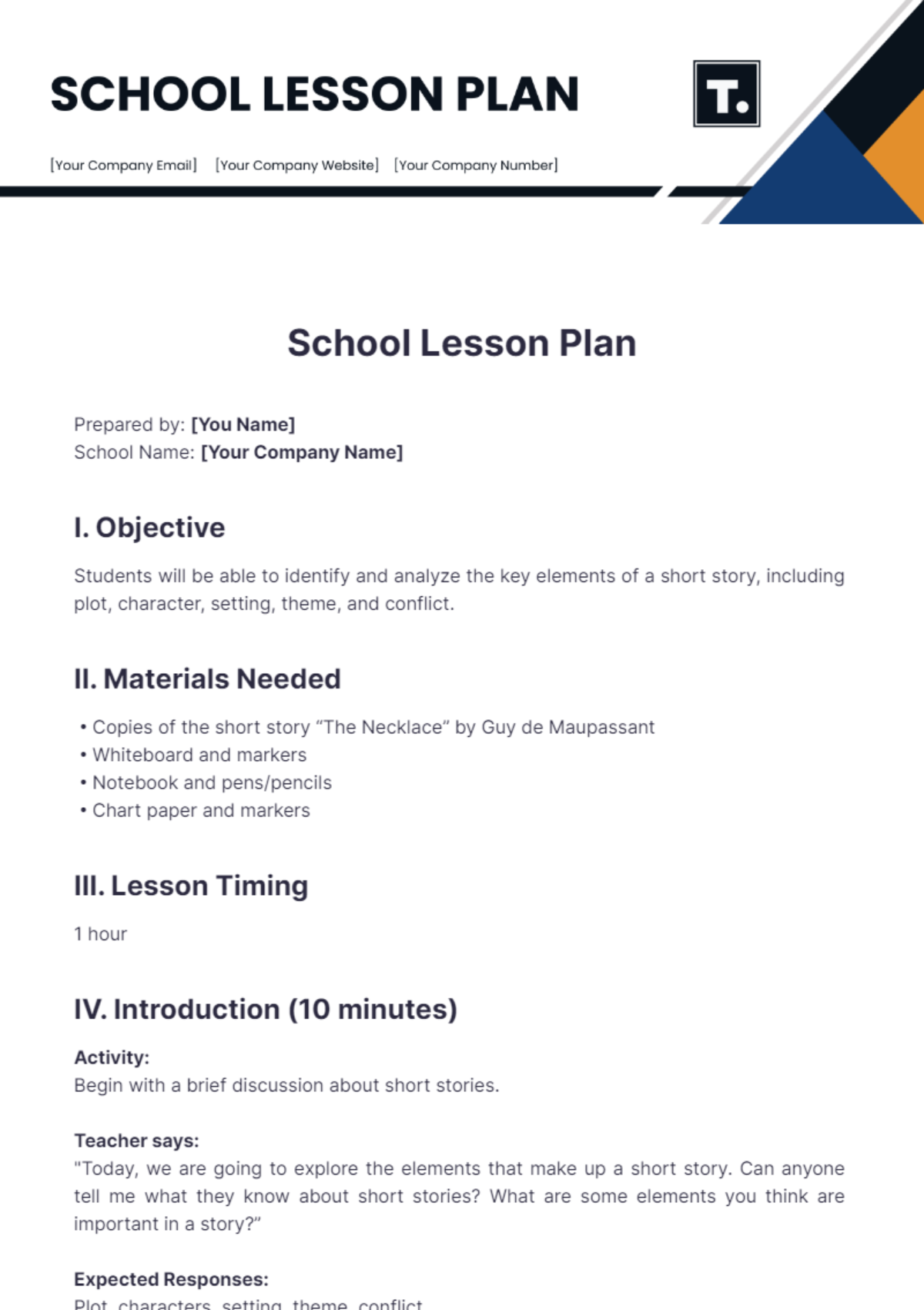 Free School Lesson Plan Template