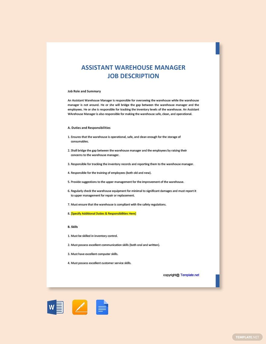 Assistant Warehouse Manager Job Ad And Description Template Download 