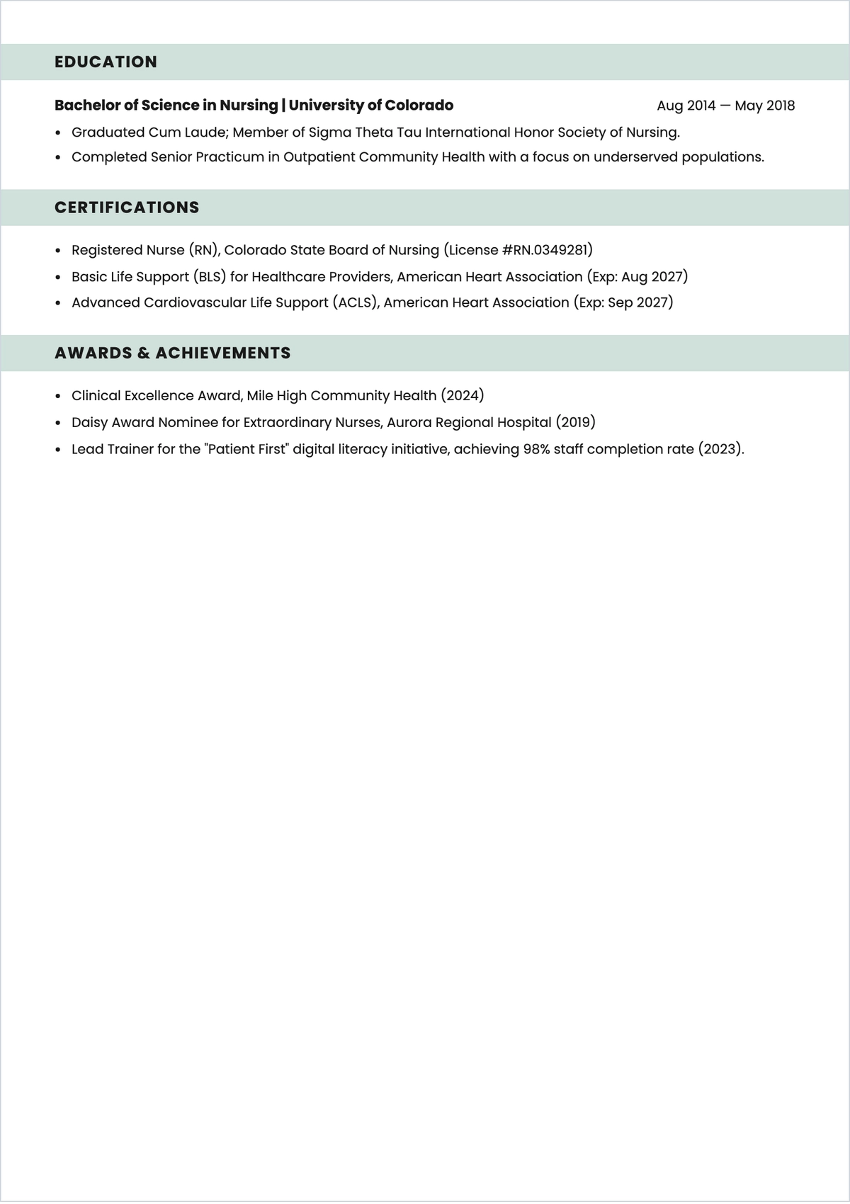 Free Clinic Nurse ATS Resume Template, AI Resume Builder