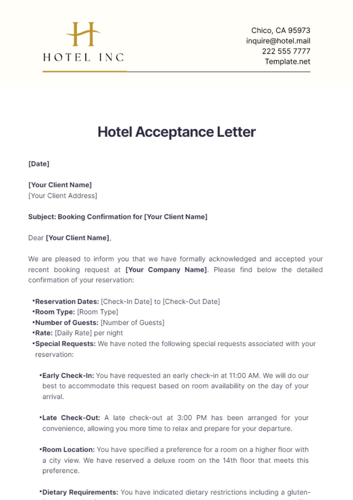 Hotel Acceptance Letter Template - Edit Online & Download