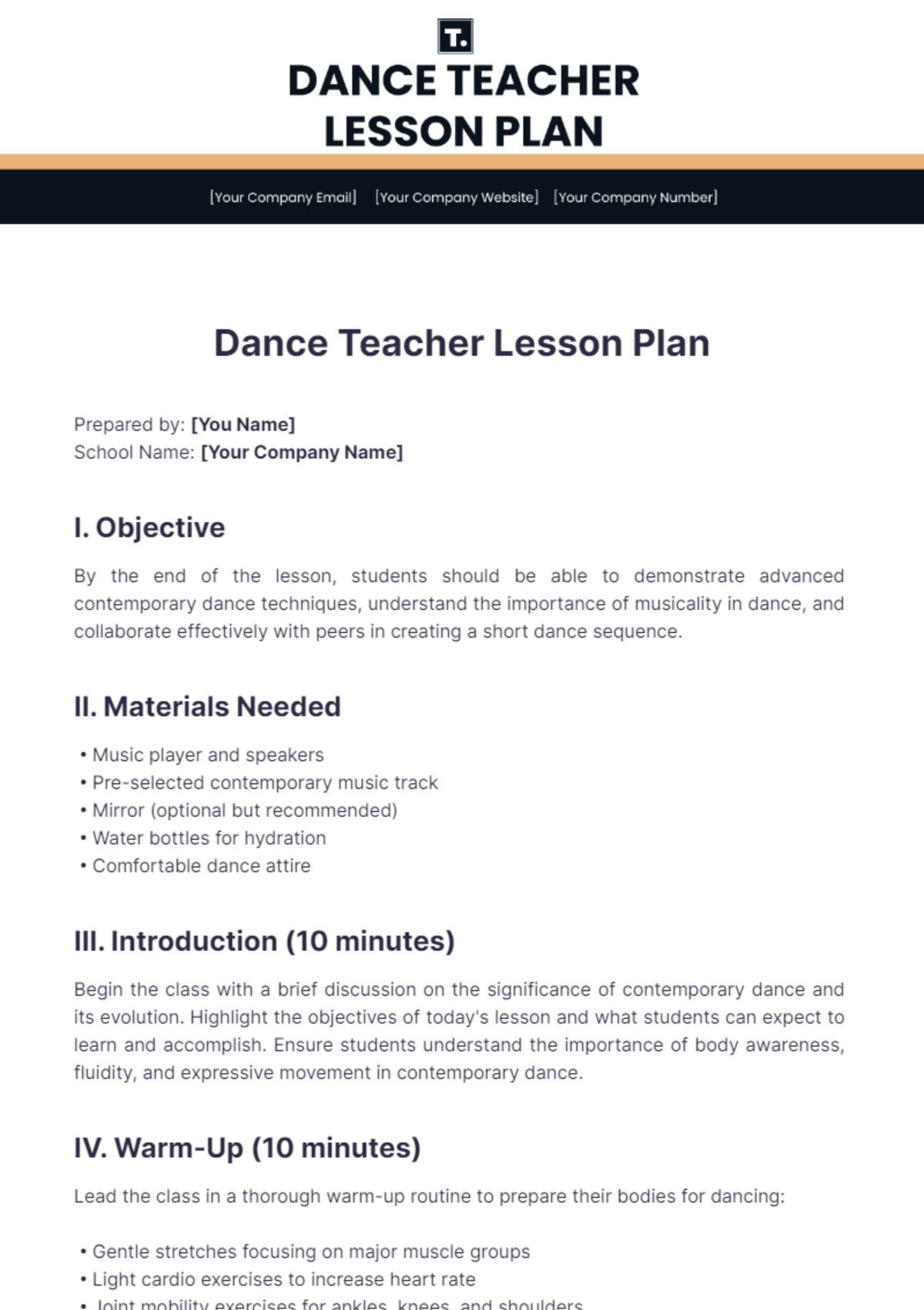 Free Dance Teacher Lesson Plan Template