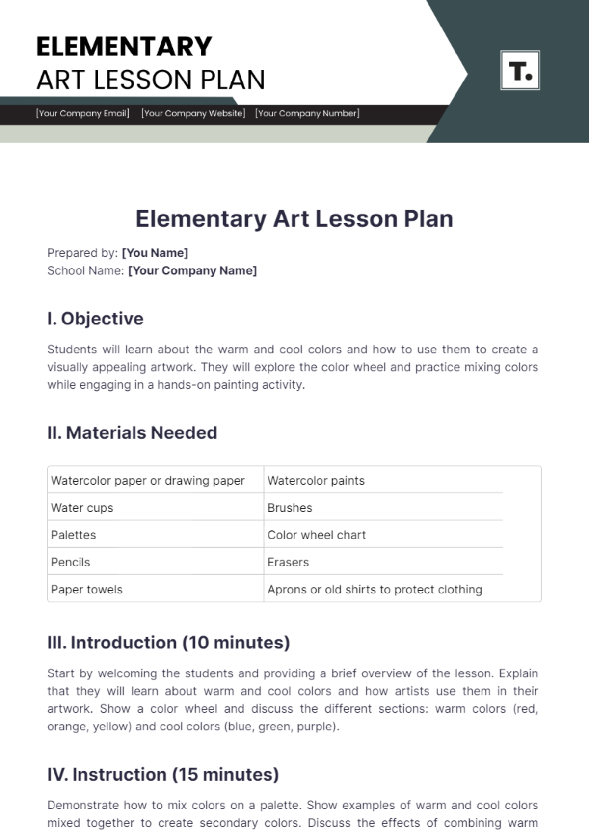 Free Elementary Art Lesson Plan Template