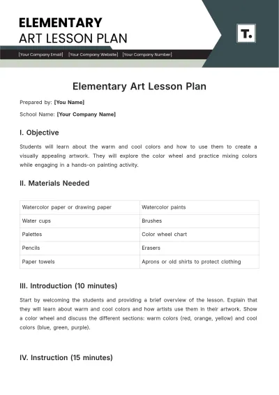 Free Elementary Art Lesson Plan Template to Edit Online