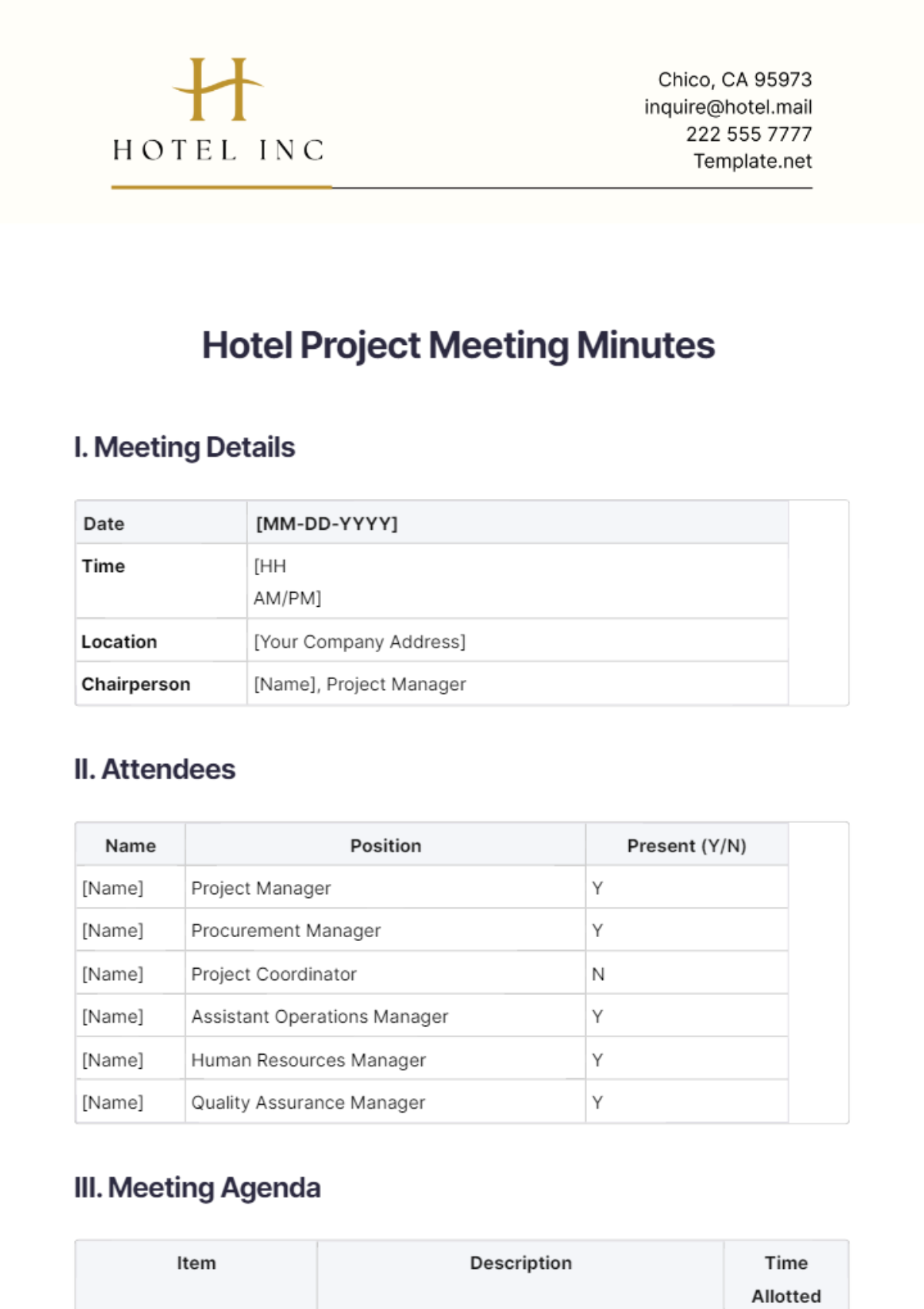 Hotel Project Meeting Minutes Template - Edit Online & Download