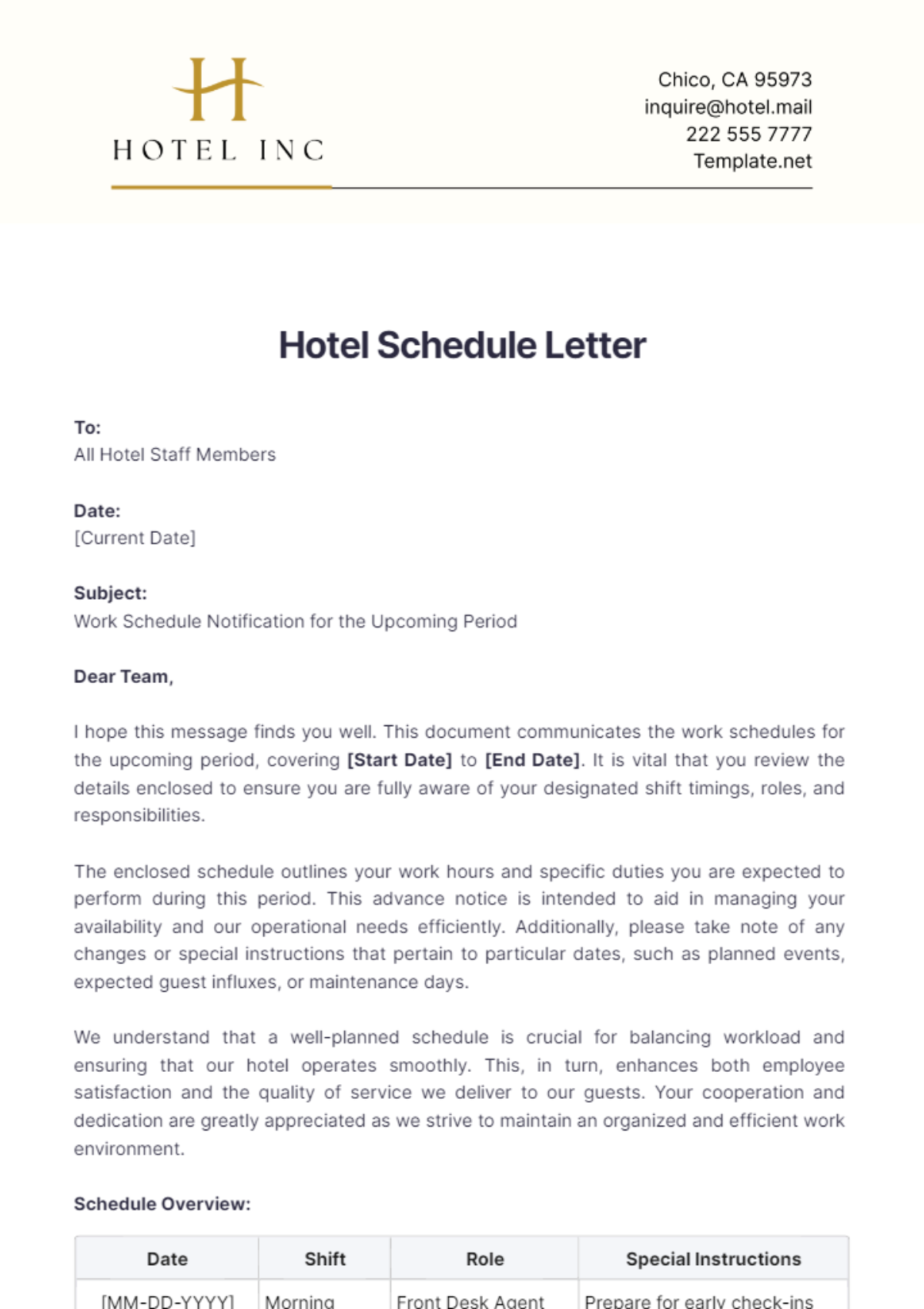 Hotel Schedule Letter Template - Edit Online & Download