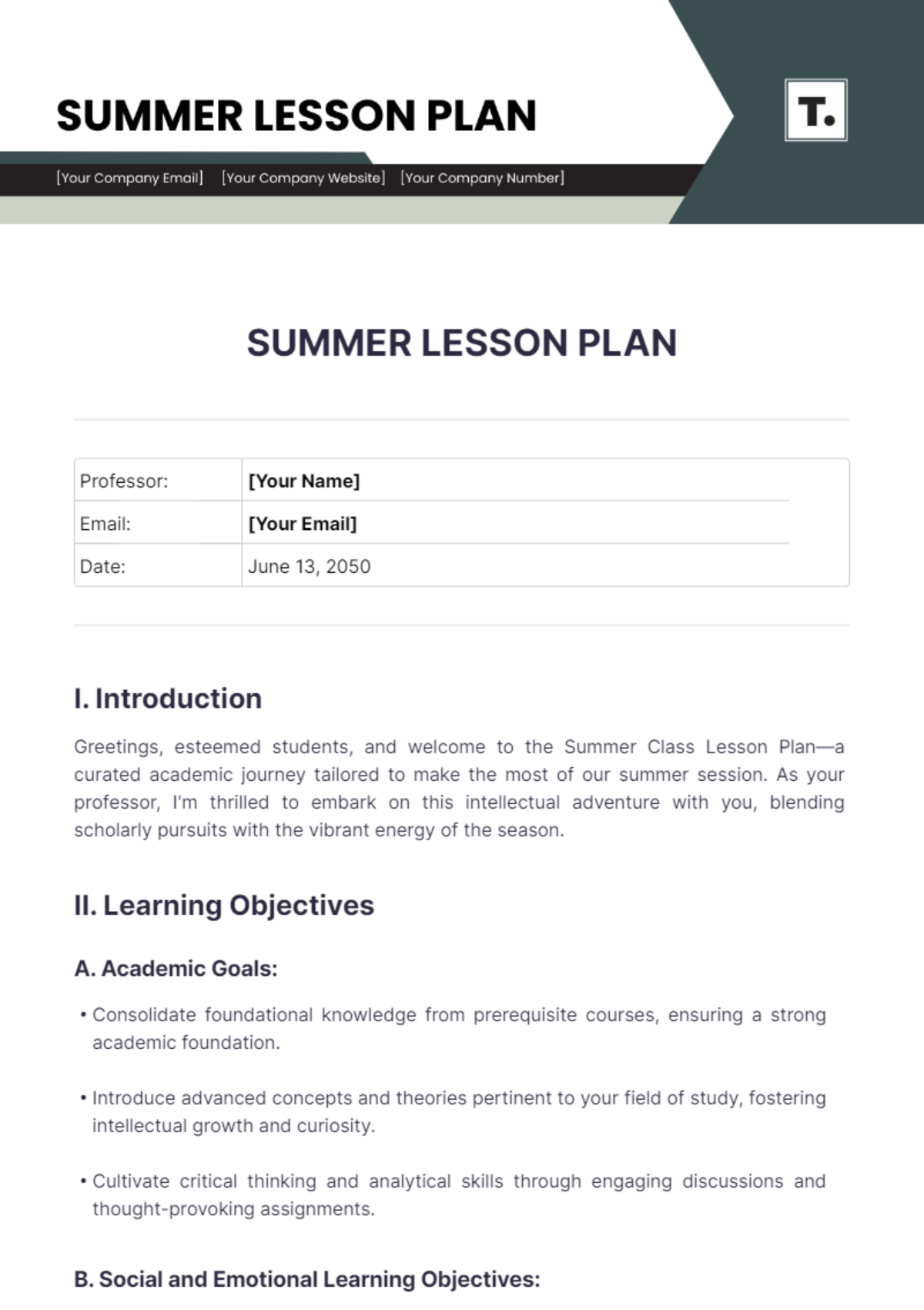 Free Summer Lesson Plan Template