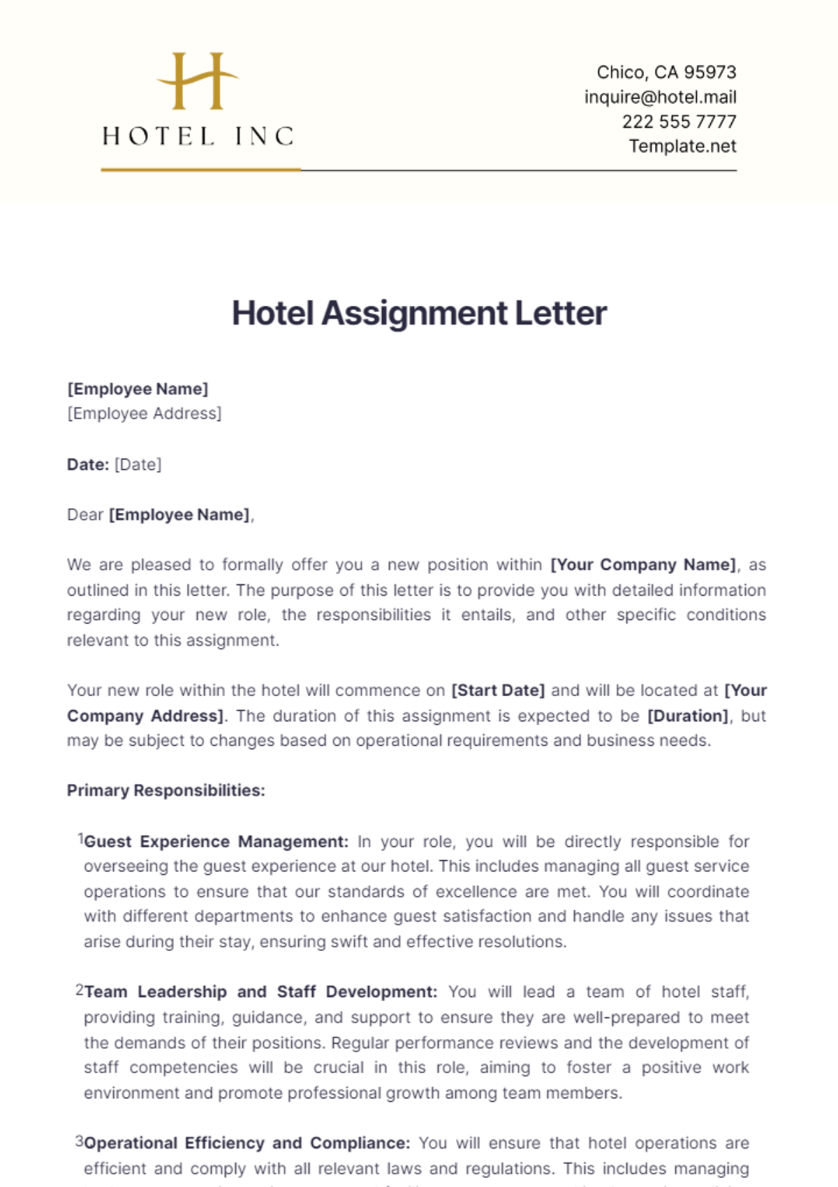 Hotel Assignment Letter Template - Edit Online & Download