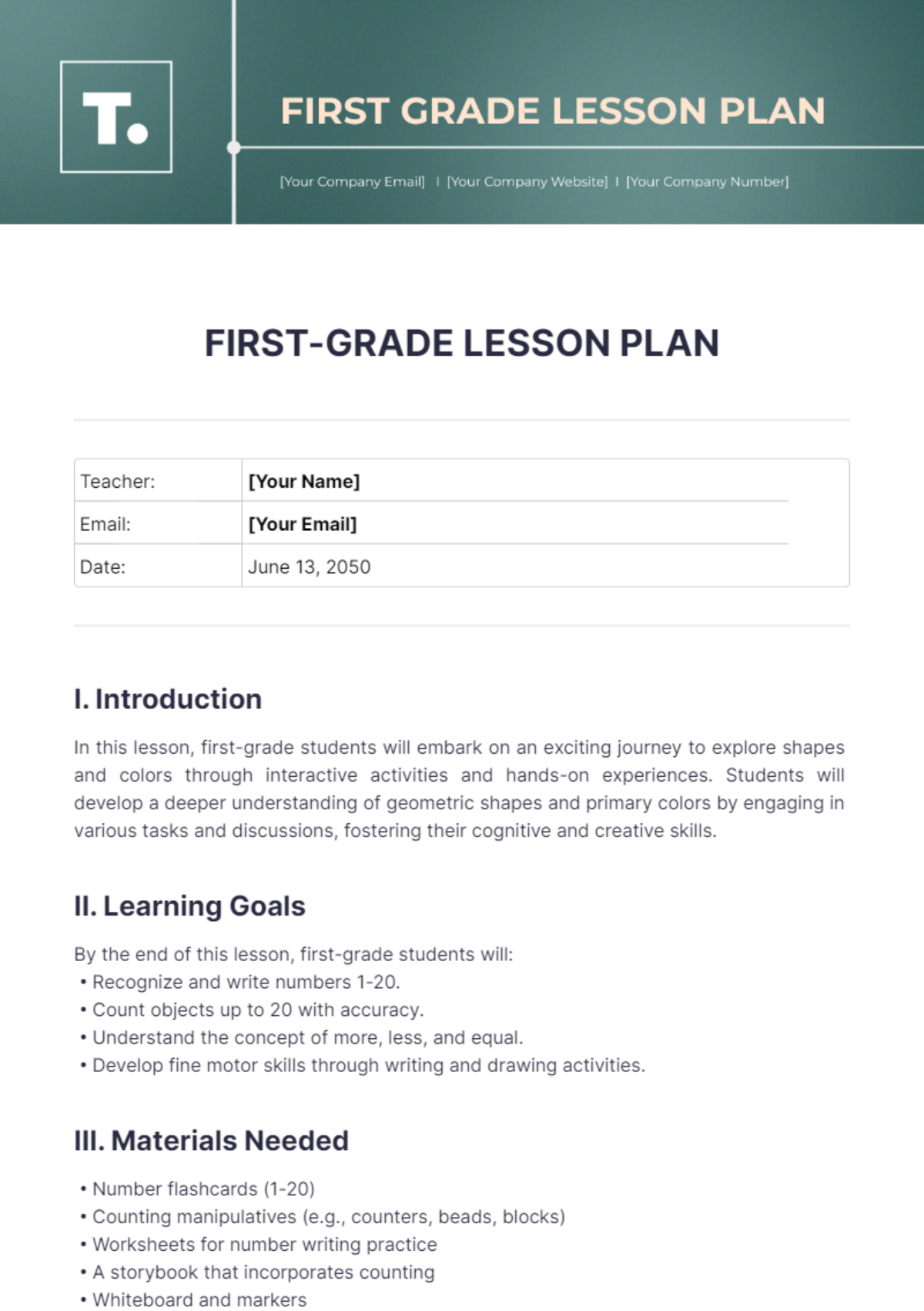 Free First Grade Lesson Plan Template