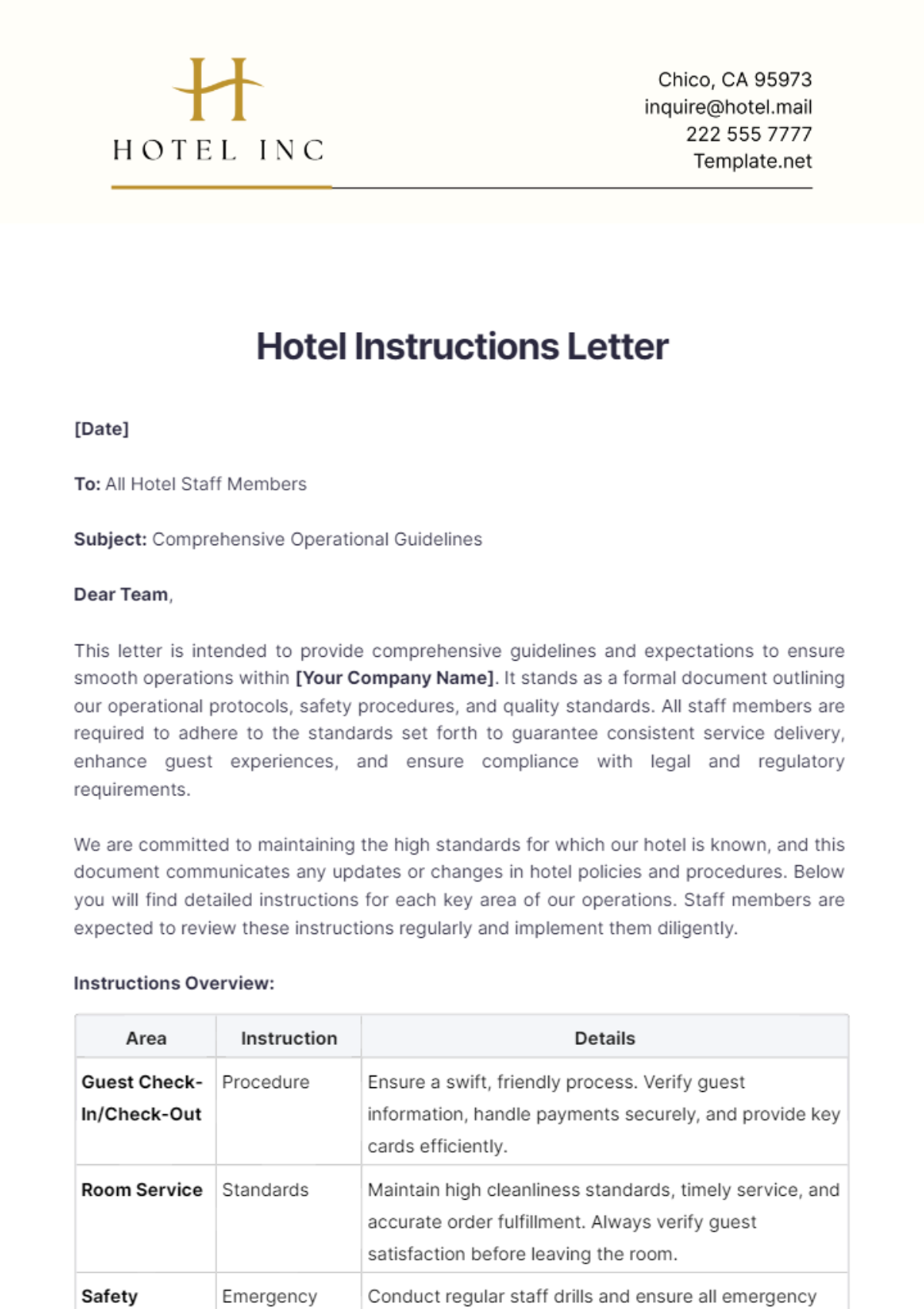 Hotel Instructions Letter Template - Edit Online & Download