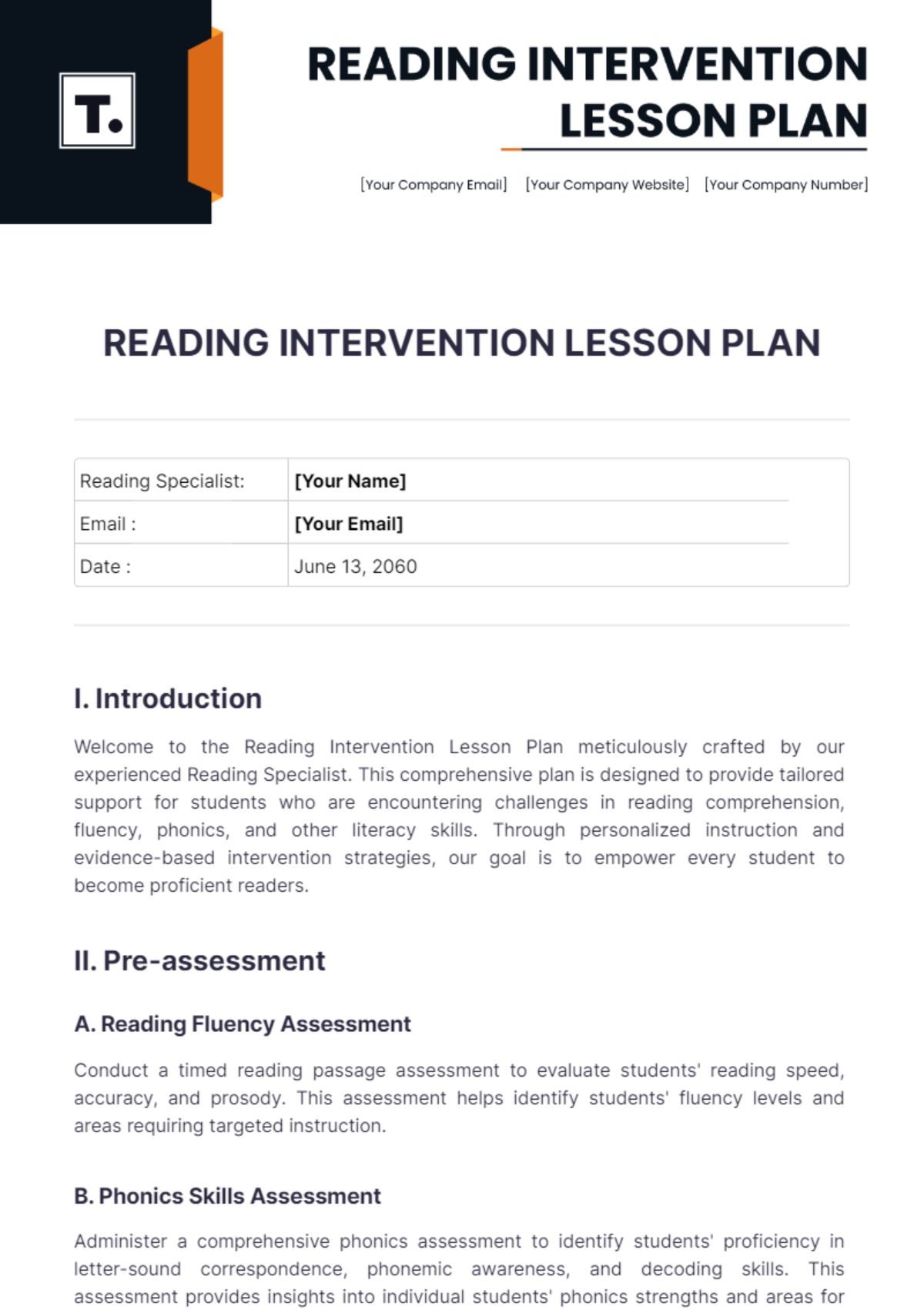 Free Reading Intervention Lesson Plan Template