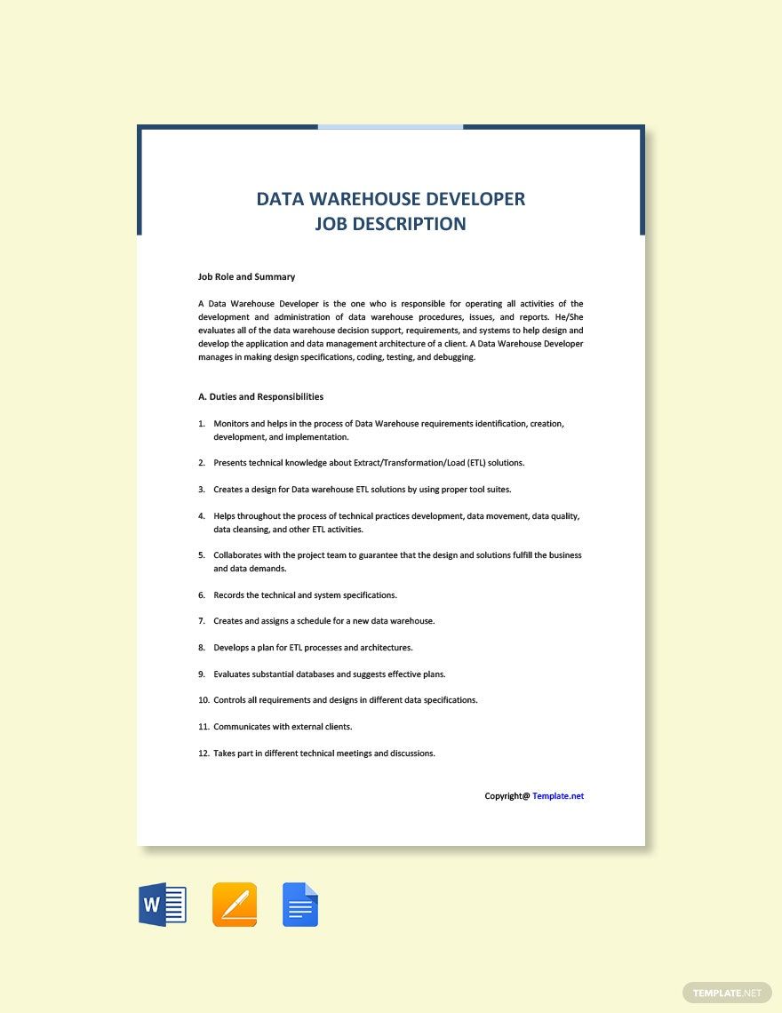 Data Warehouse Developer Job Ad and Description Template