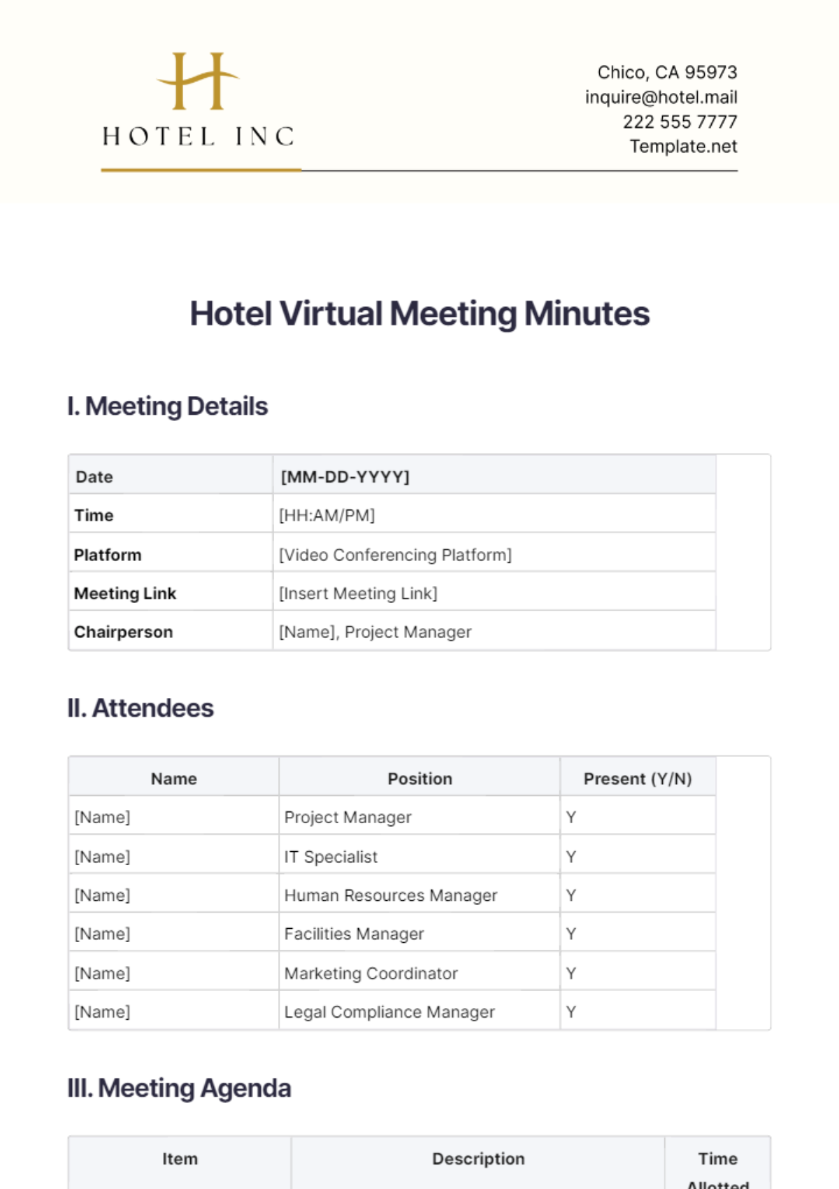 Hotel Virtual Meeting Minutes Template - Edit Online & Download