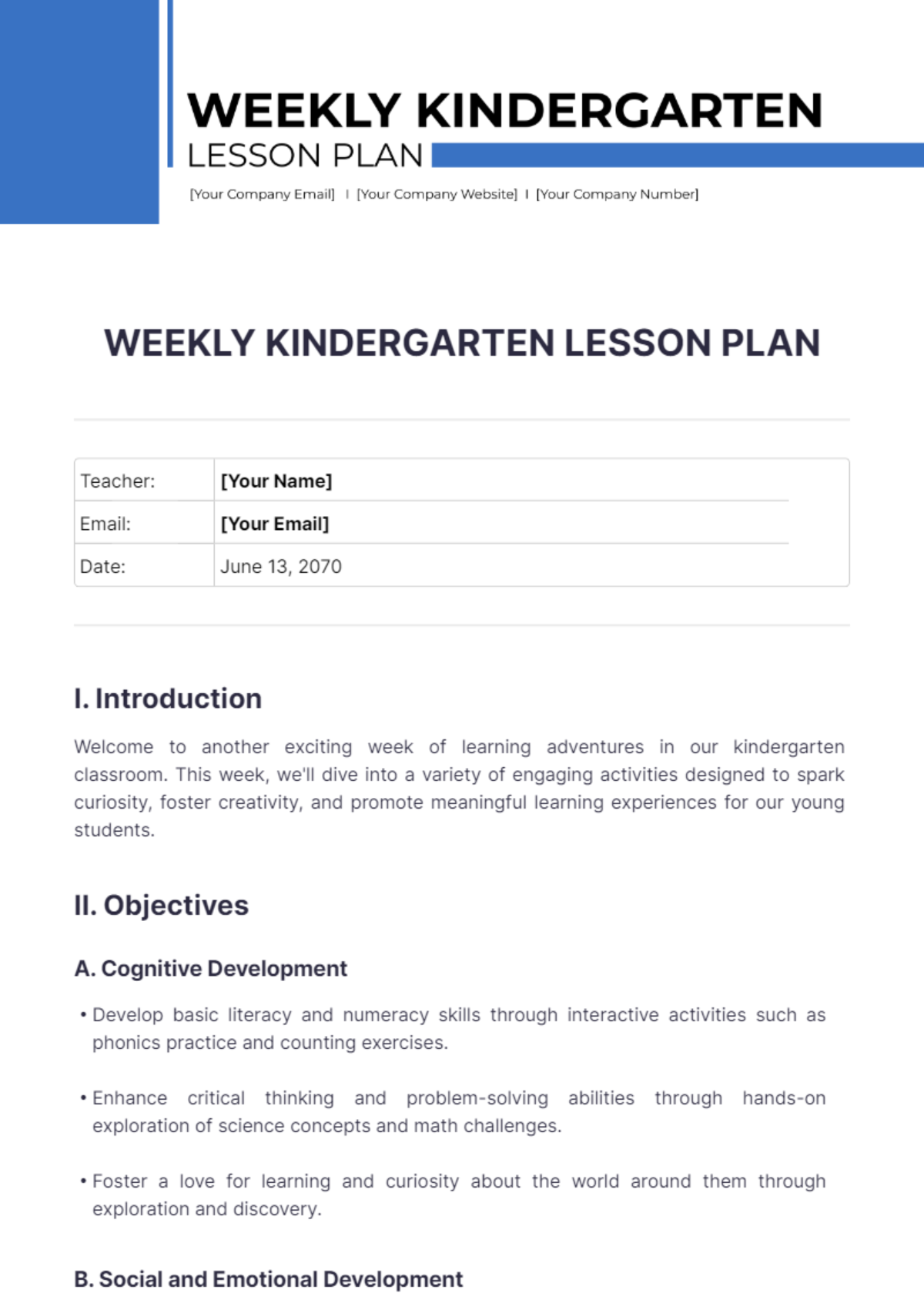 Free Weekly Kindergarten Lesson Plan Template