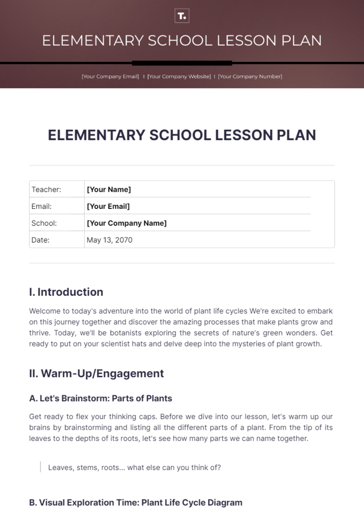 Free Elementary School Lesson Plan Template