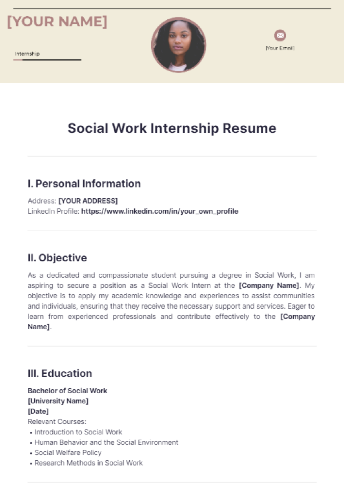 Free Social Work Internship Resume Template - Edit Online & Download ...