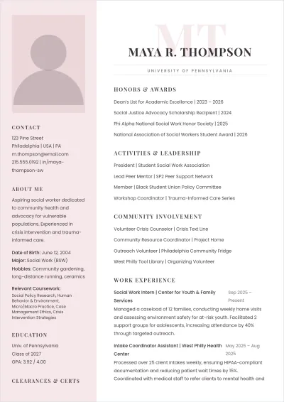 Free Social Work Internship ATS Resume Template, AI Resume Builder