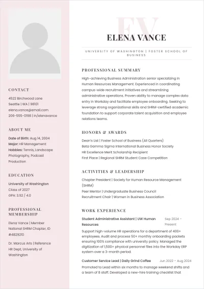 Free Human Resources Internship ATS Resume Template, AI Resume Builder
